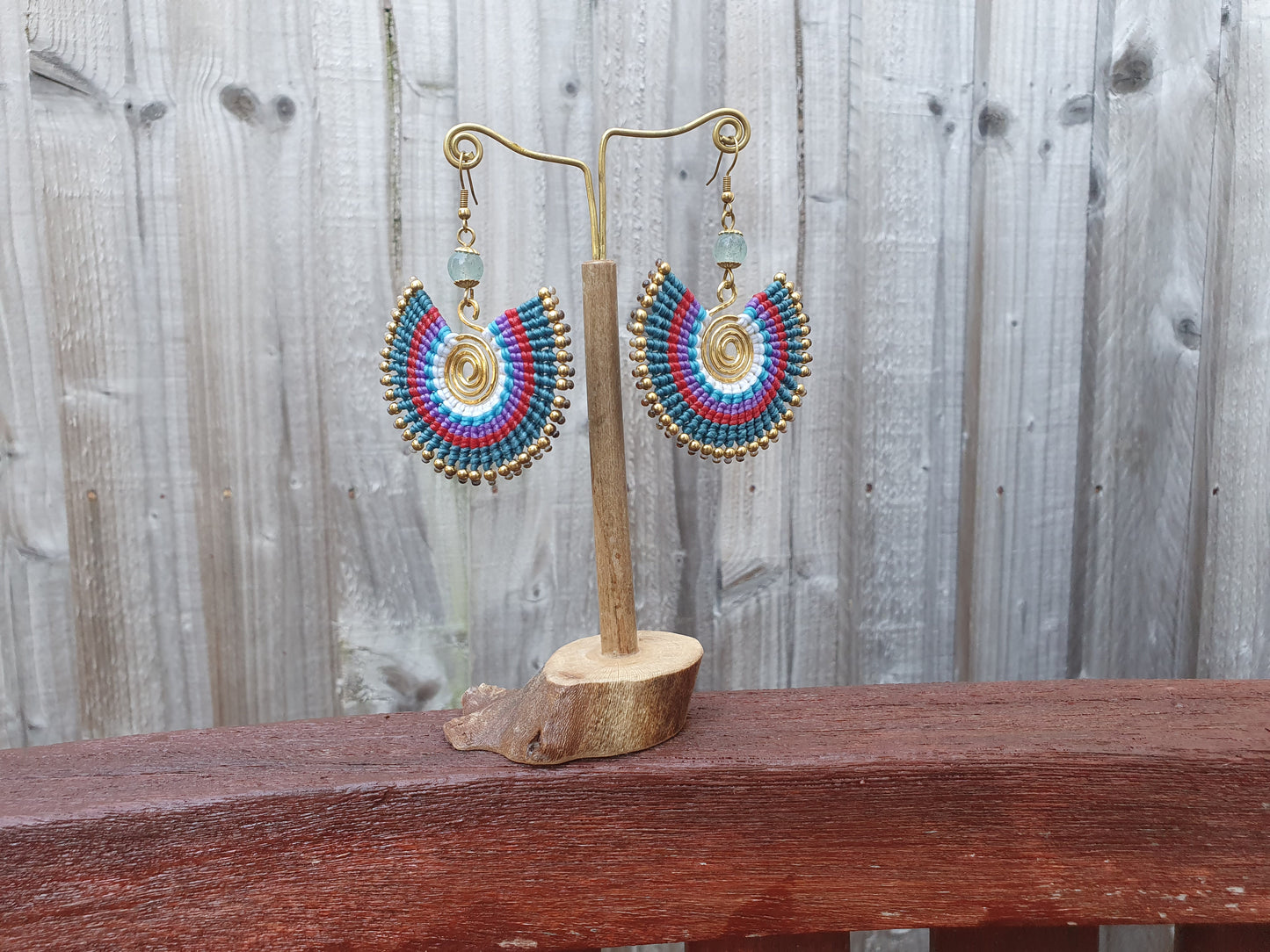 Turquoise purple macrame earrings, blue agate crystal earrings, boho wire spiral full circle statement funky witchy unique Thai earrings