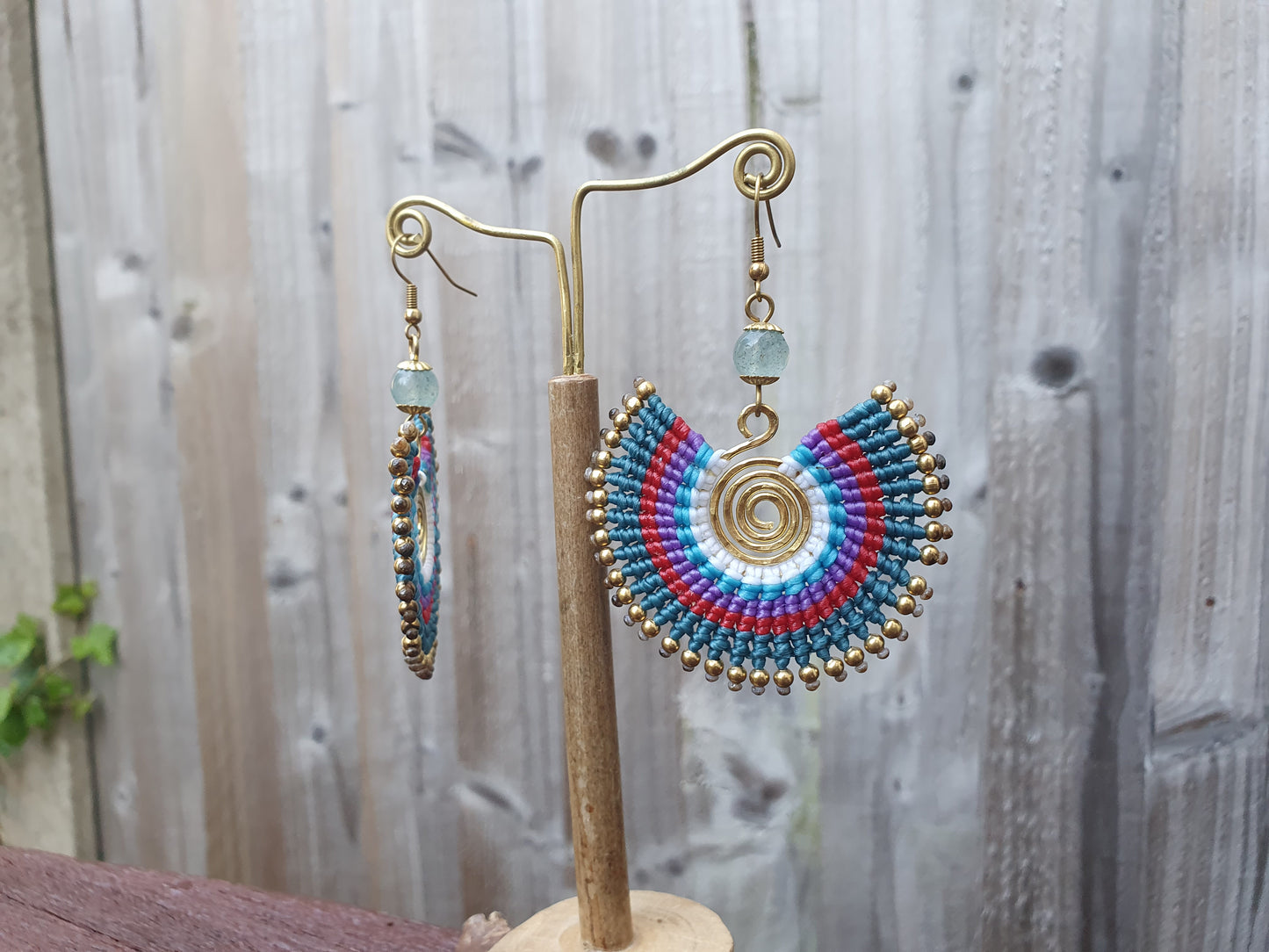 Turquoise purple macrame earrings, blue agate crystal earrings, boho wire spiral full circle statement funky witchy unique Thai earrings