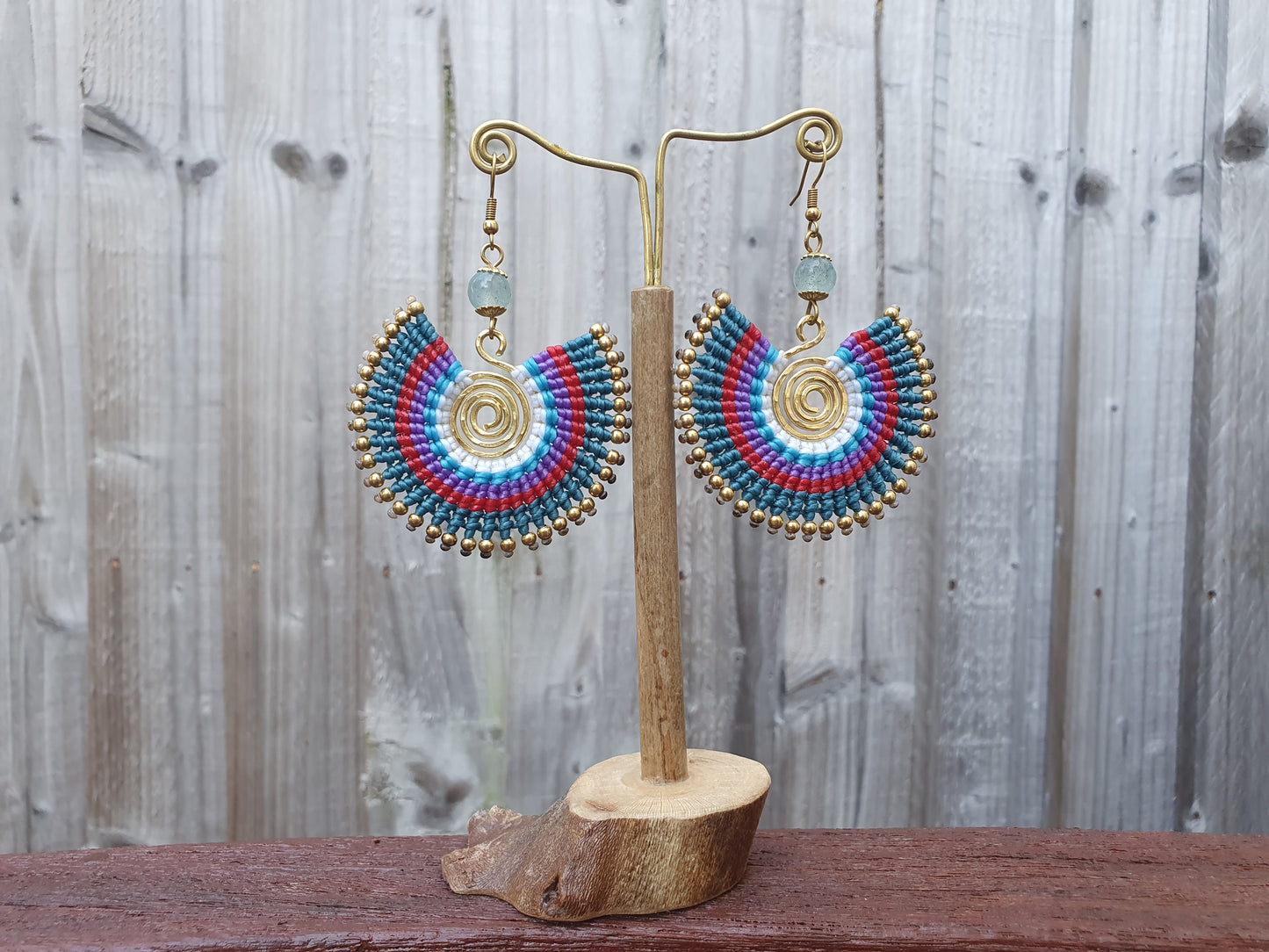 Turquoise purple macrame earrings, blue agate crystal earrings, boho wire spiral full circle statement funky witchy unique Thai earrings