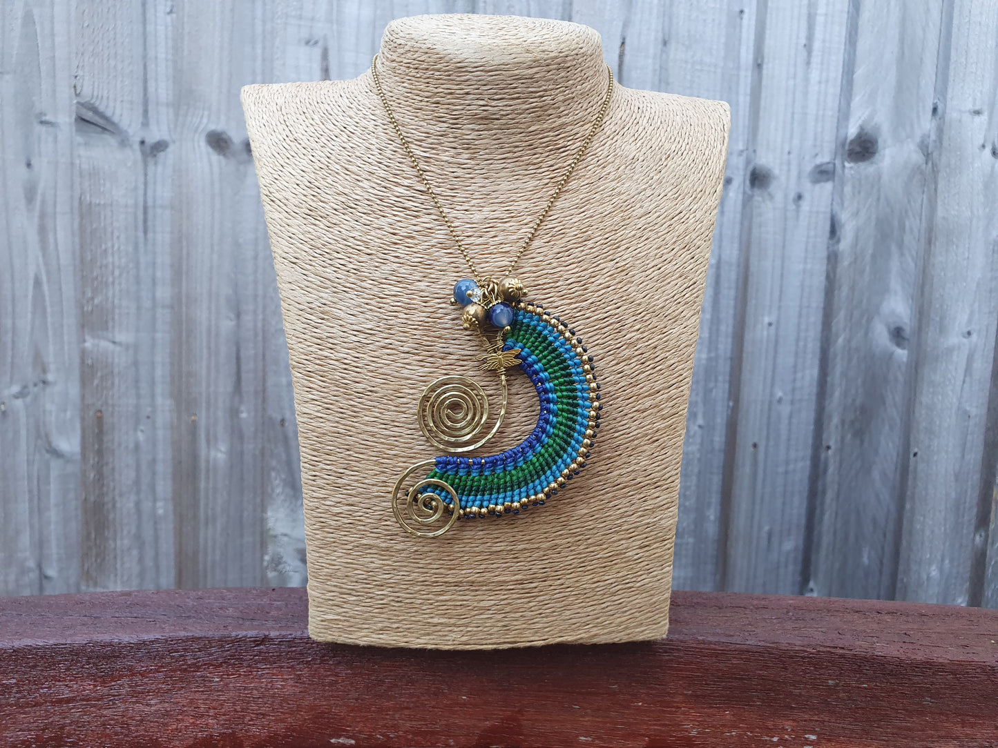 Beach wave necklace, blue agate necklace, blue macrame necklace, gold wire spiral necklace, turquoise stone, boho Thai necklace, sea love