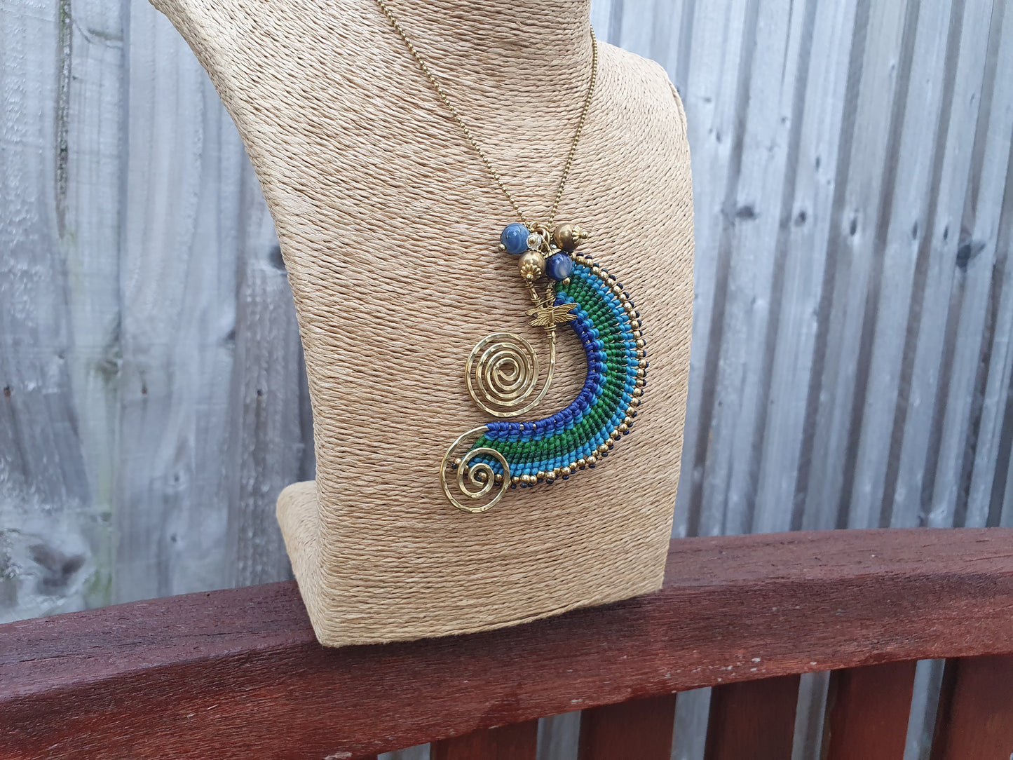 Beach wave necklace, blue agate necklace, blue macrame necklace, gold wire spiral necklace, turquoise stone, boho Thai necklace, sea love