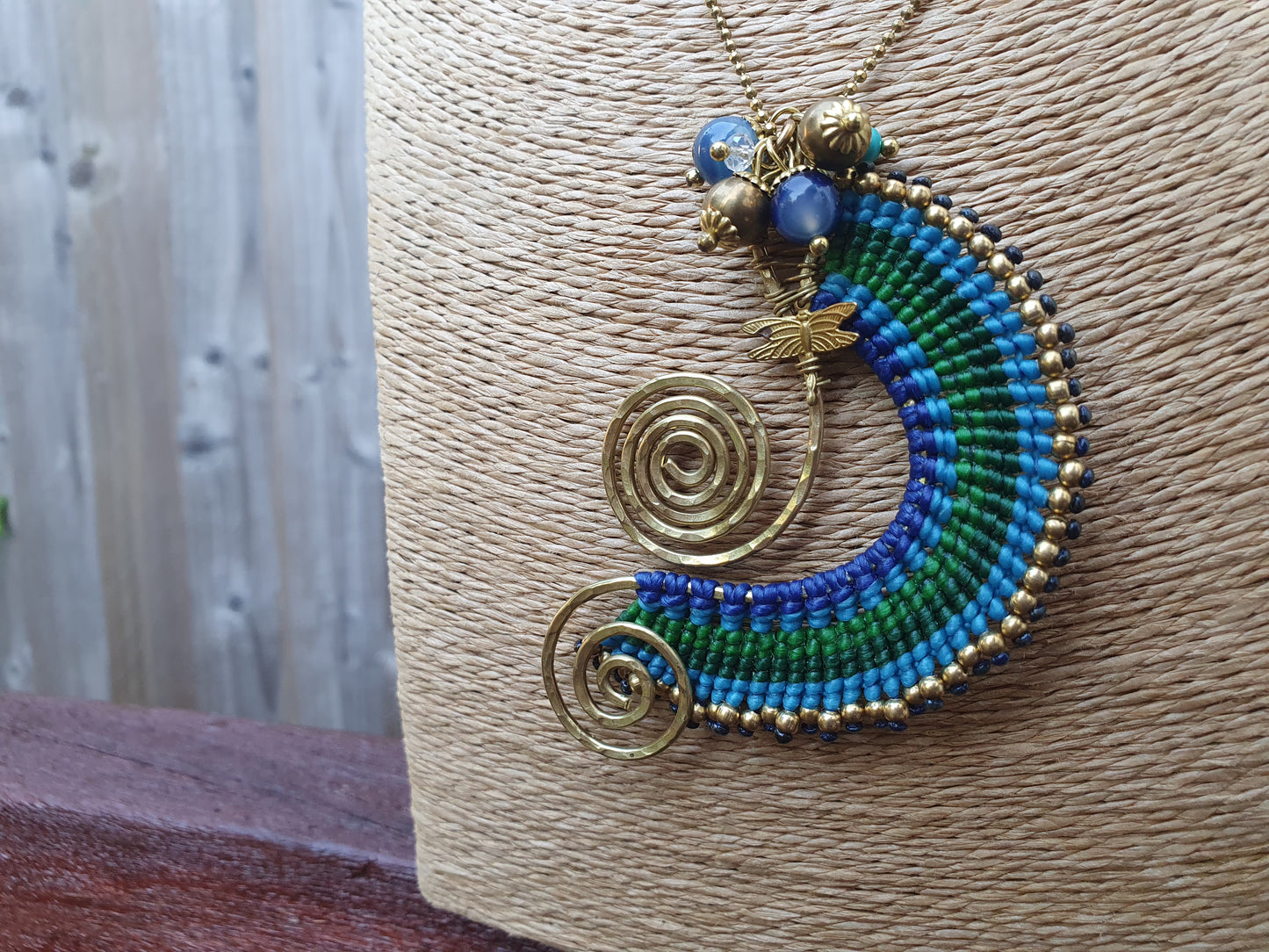 Beach wave necklace, blue agate necklace, blue macrame necklace, gold wire spiral necklace, turquoise stone, boho Thai necklace, sea love