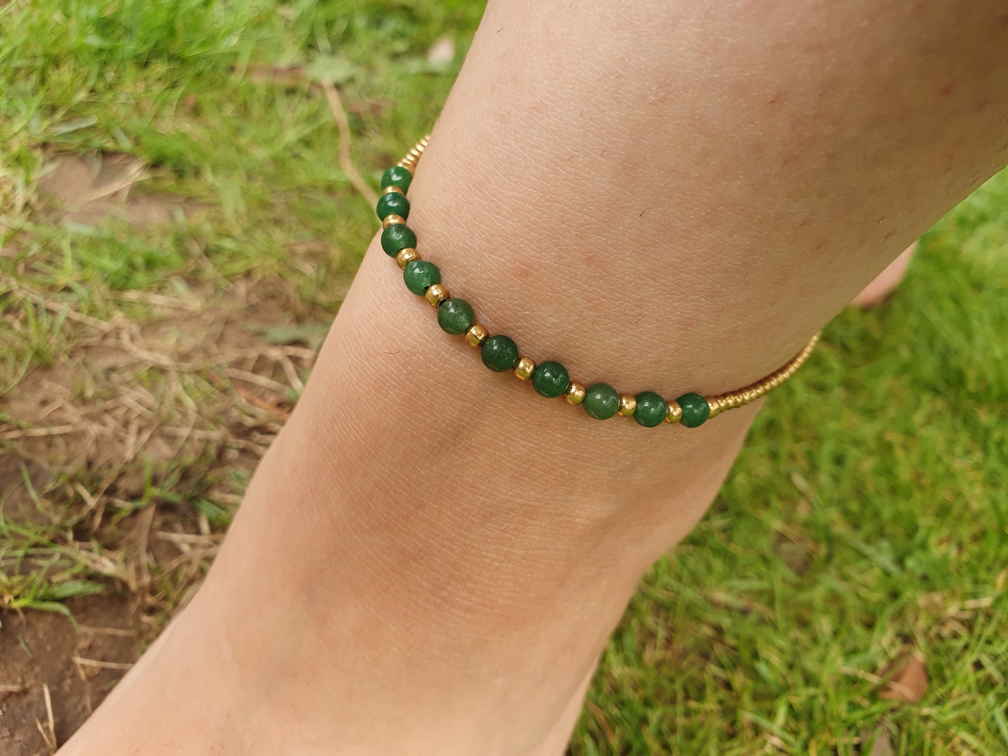 Jade stone anklet,green anklet,gold bead anklet,green gemstone anklet,gold stone anklet,gold bead anklet,thai anklet,boho anklet,beach jewel