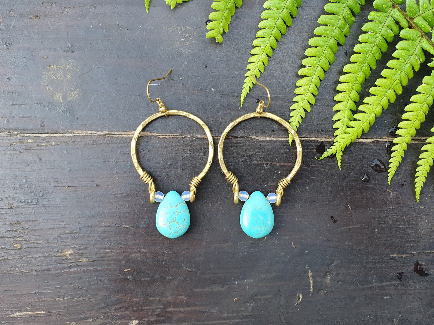 Turquoise crystal earrings, gold hoop earrings, december birthstone gift, moonstone turquoise crystal, blue stone earrings, boho hippie Thai