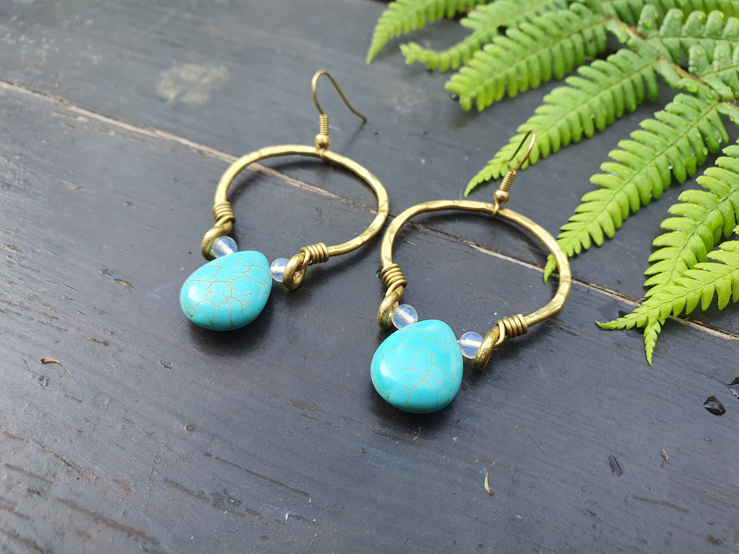 Turquoise crystal earrings, gold hoop earrings, december birthstone gift, moonstone turquoise crystal, blue stone earrings, boho hippie Thai