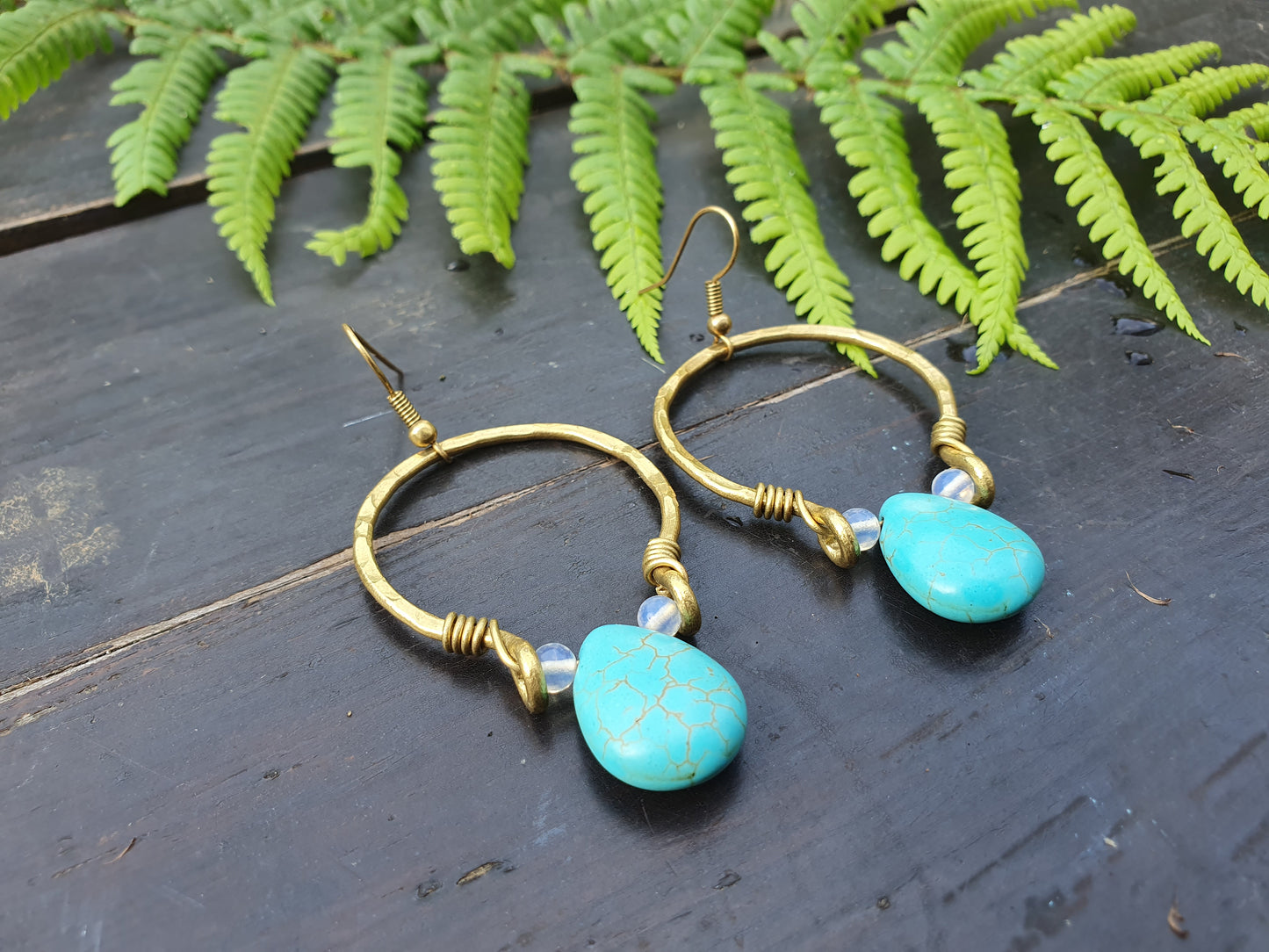 Turquoise crystal earrings, gold hoop earrings, december birthstone gift, moonstone turquoise crystal, blue stone earrings, boho hippie Thai