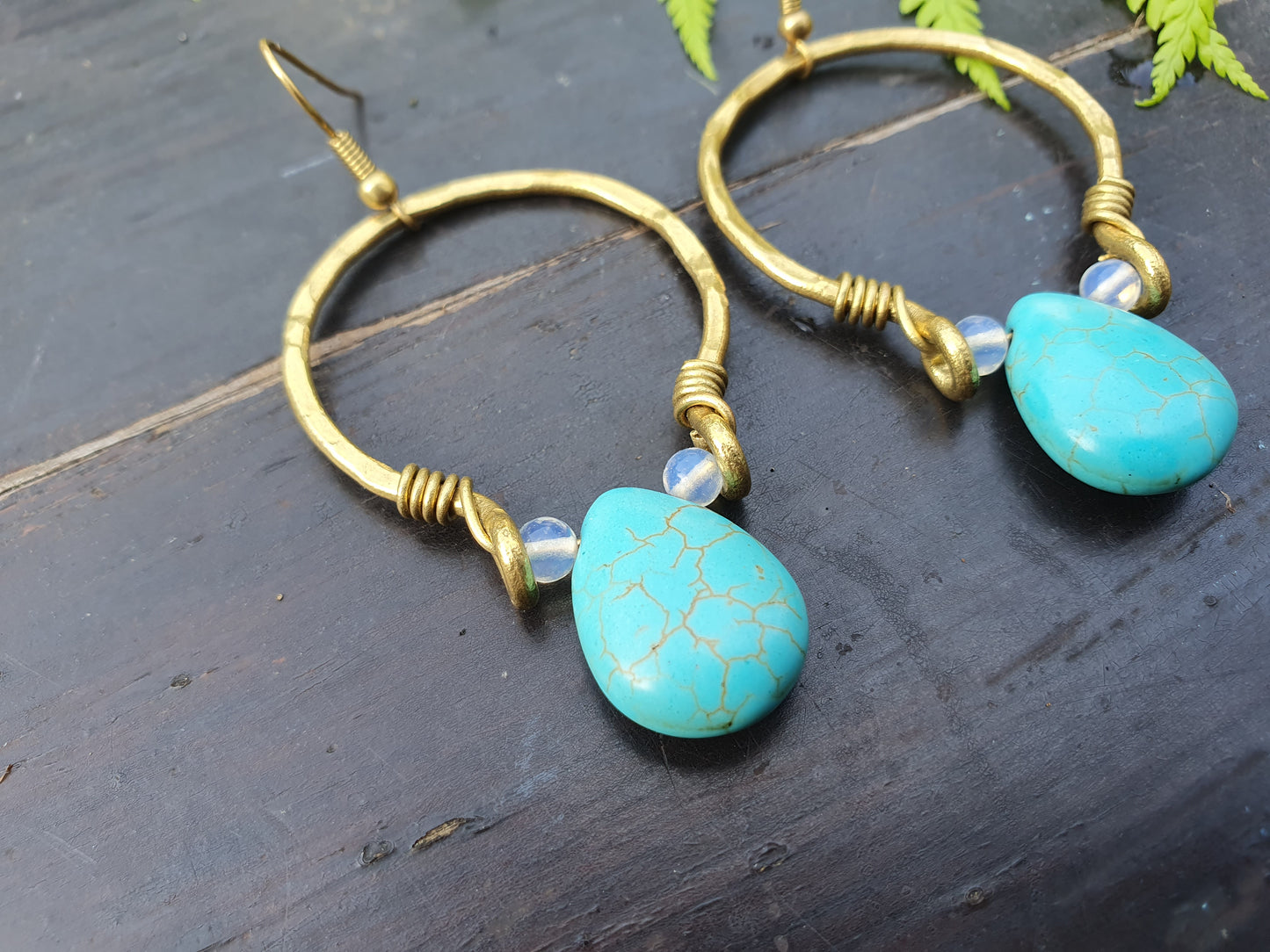 Turquoise crystal earrings, gold hoop earrings, december birthstone gift, moonstone turquoise crystal, blue stone earrings, boho hippie Thai