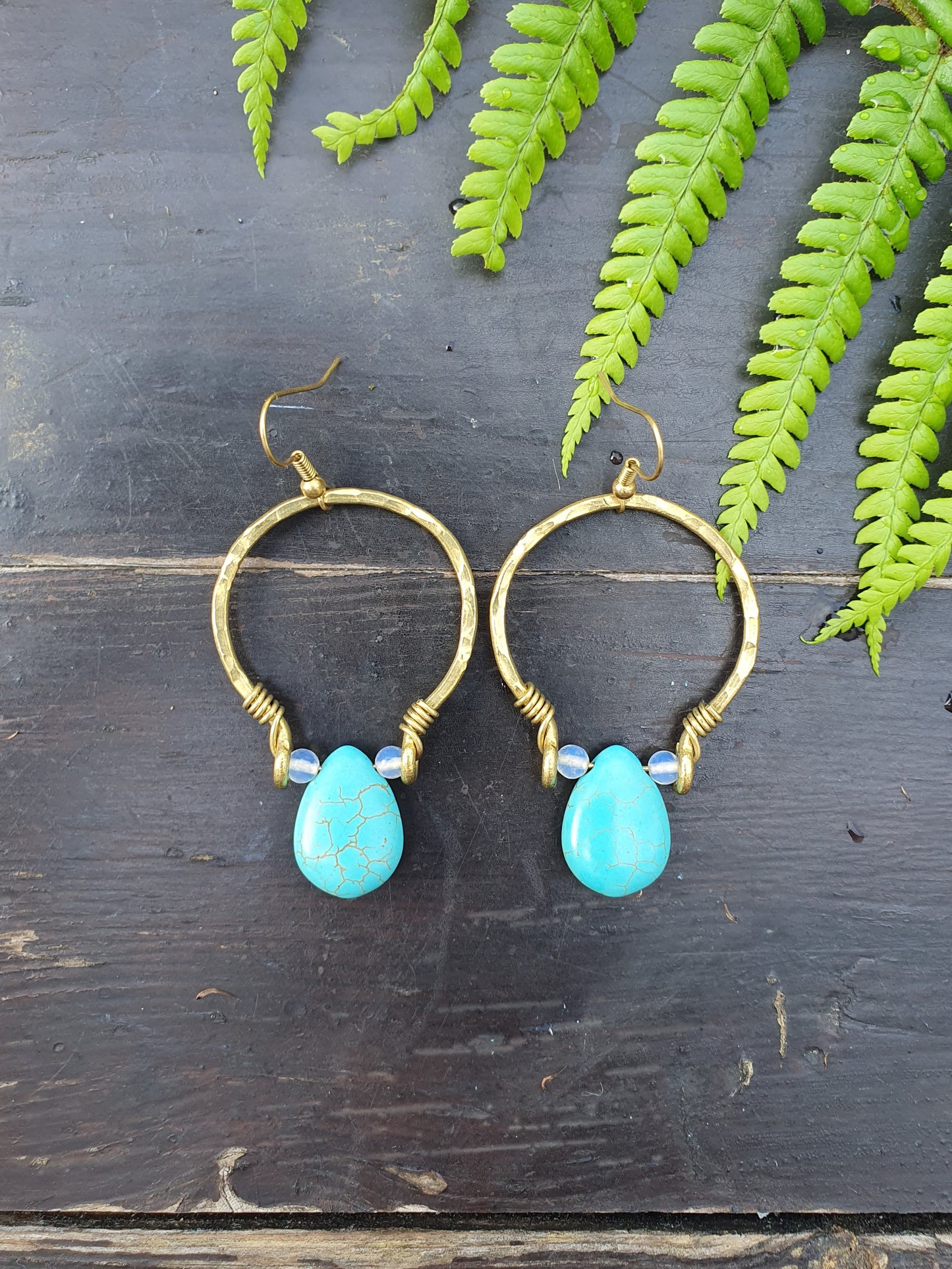 Turquoise crystal earrings, gold hoop earrings, december birthstone gift, moonstone turquoise crystal, blue stone earrings, boho hippie Thai