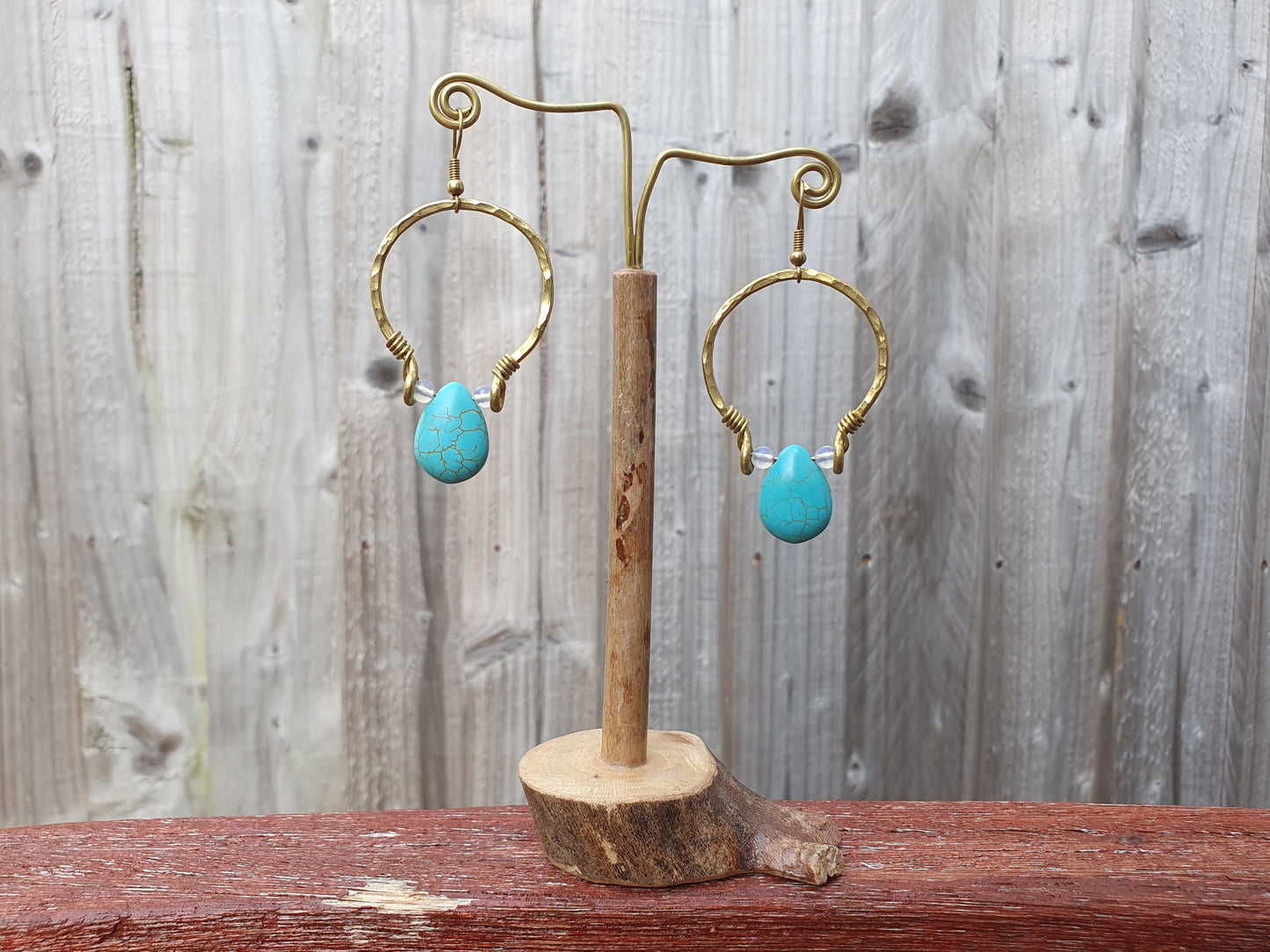 Turquoise crystal earrings, gold hoop earrings, december birthstone gift, moonstone turquoise crystal, blue stone earrings, boho hippie Thai