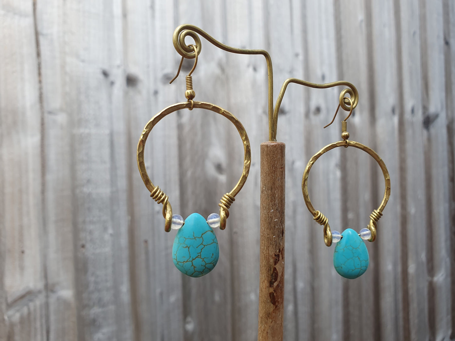 Turquoise crystal earrings, gold hoop earrings, december birthstone gift, moonstone turquoise crystal, blue stone earrings, boho hippie Thai