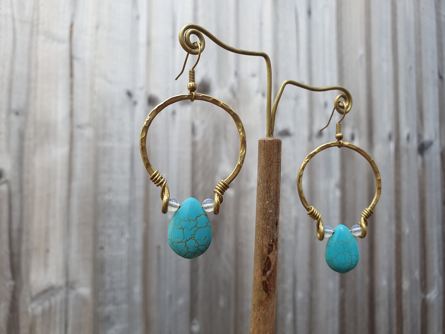 Turquoise crystal earrings, gold hoop earrings, december birthstone gift, moonstone turquoise crystal, blue stone earrings, boho hippie Thai