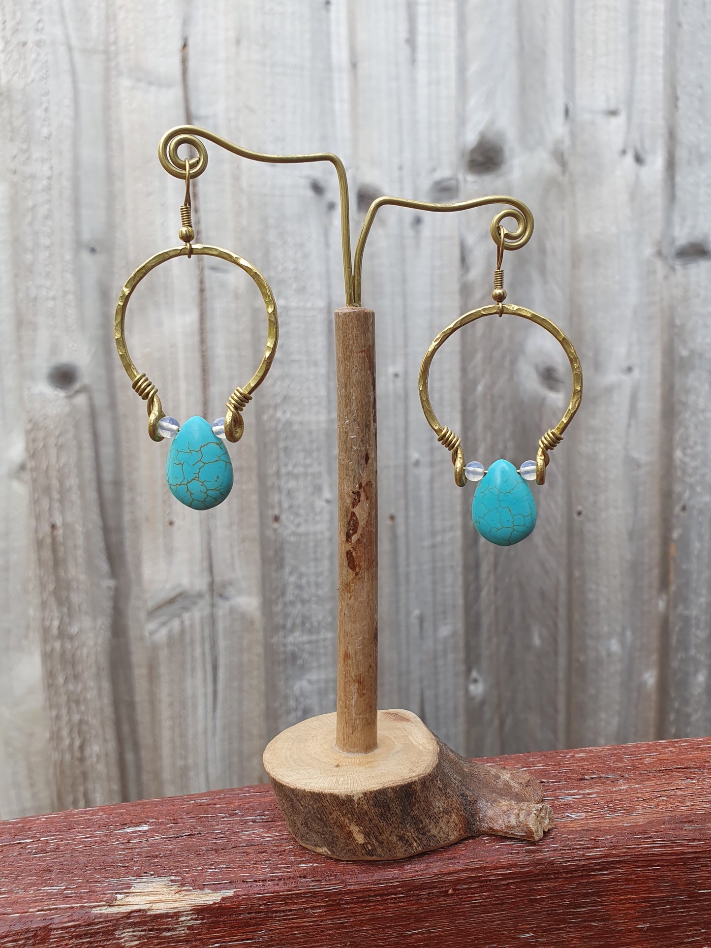 Turquoise crystal earrings, gold hoop earrings, december birthstone gift, moonstone turquoise crystal, blue stone earrings, boho hippie Thai