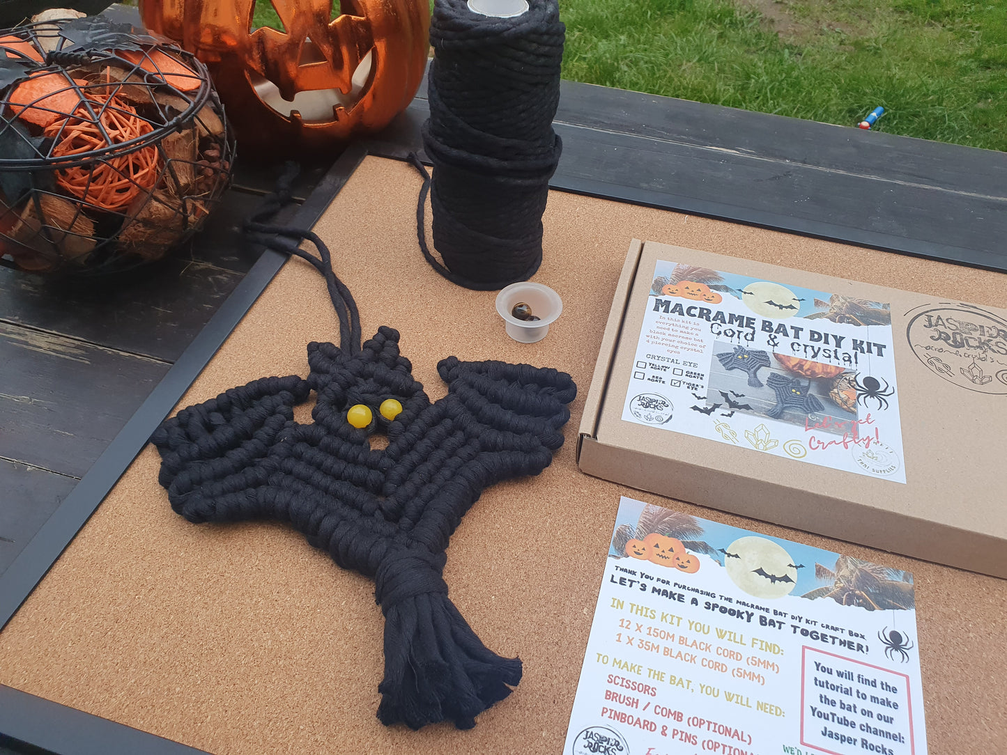 Halloween CRAFT KIT, Black BAT macrame crystal decor hanging, make your own macrame, halloween crafts, spooky family activity, craft kit