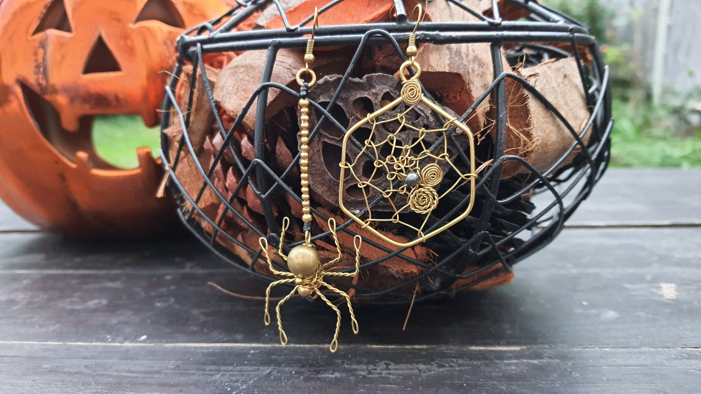 SPIDER & web HALLOWEEN EARRINGS, gold brass wire spooky costume earrings hematite crystal supernatural Autumn Fall earrings