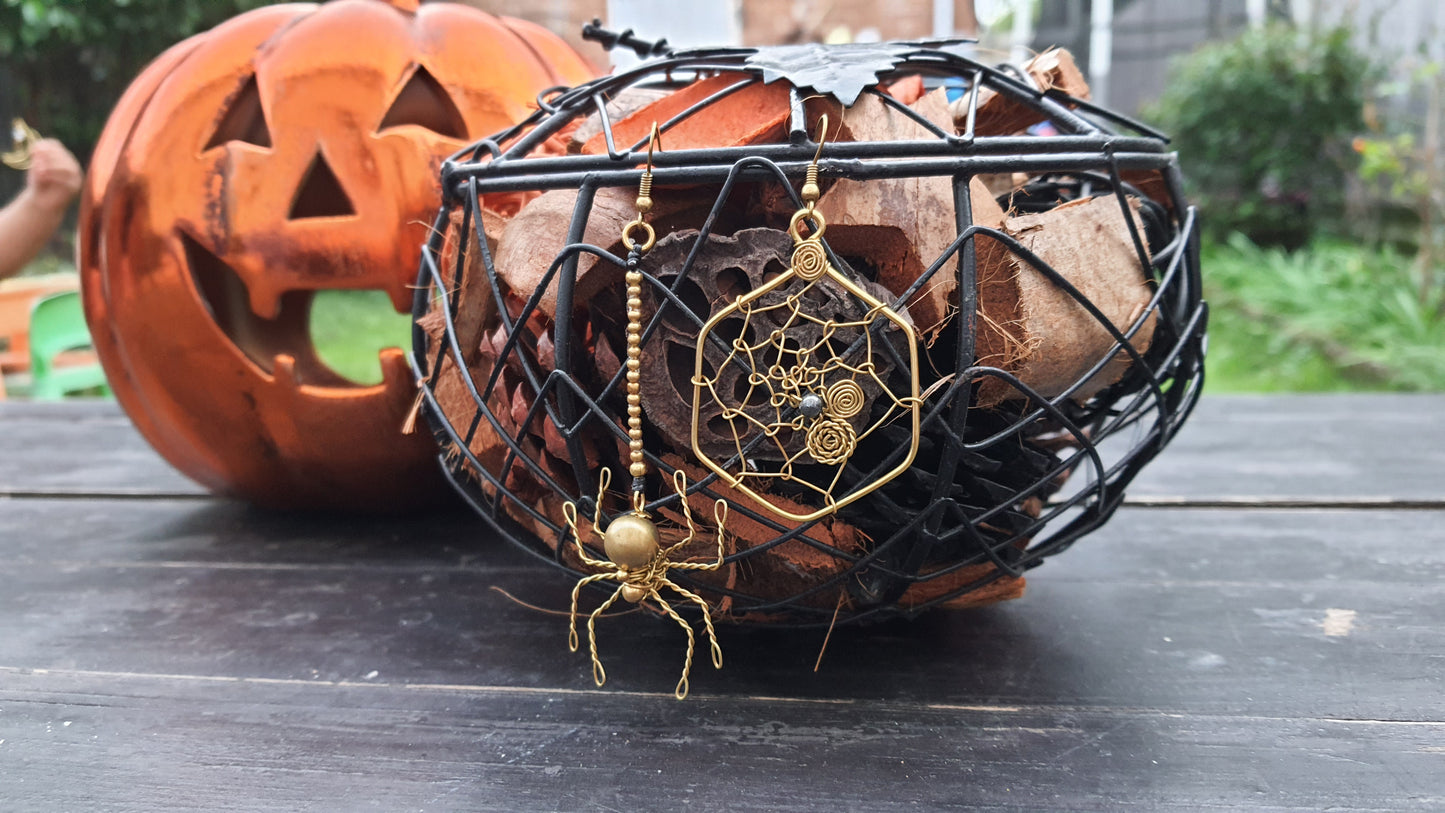 SPIDER & web HALLOWEEN EARRINGS, gold brass wire spooky costume earrings hematite crystal supernatural Autumn Fall earrings