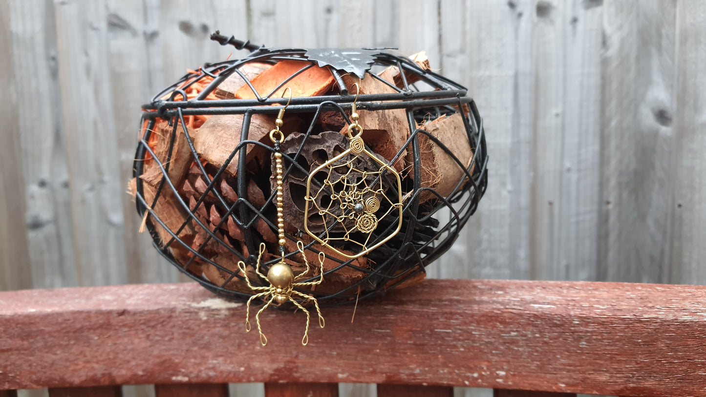 SPIDER & web HALLOWEEN EARRINGS, gold brass wire spooky costume earrings hematite crystal supernatural Autumn Fall earrings