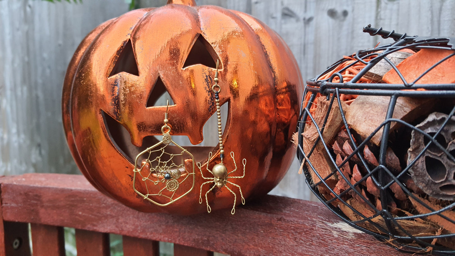 SPIDER & web HALLOWEEN EARRINGS, gold brass wire spooky costume earrings hematite crystal supernatural Autumn Fall earrings