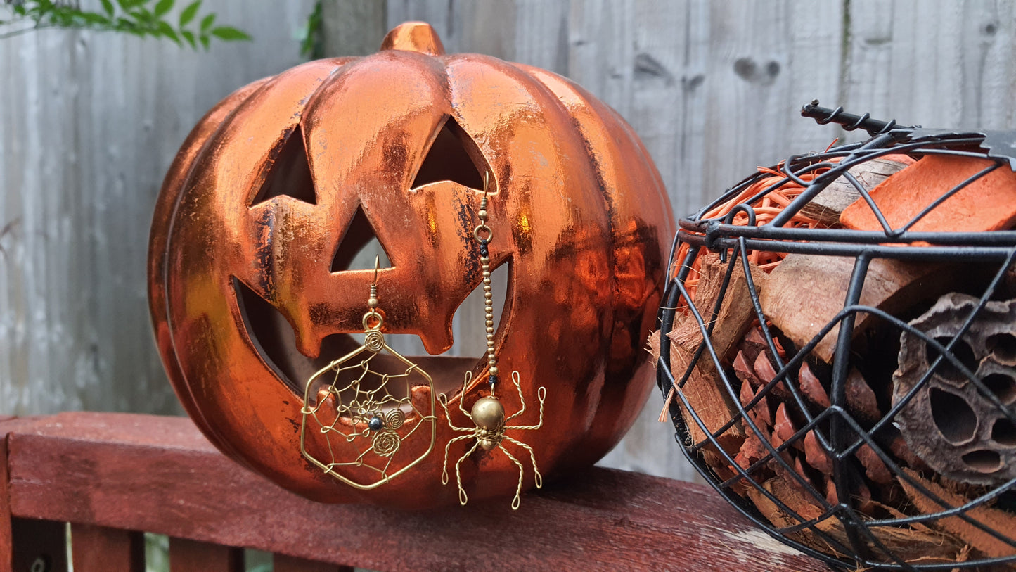 SPIDER & web HALLOWEEN EARRINGS, gold brass wire spooky costume earrings hematite crystal supernatural Autumn Fall earrings