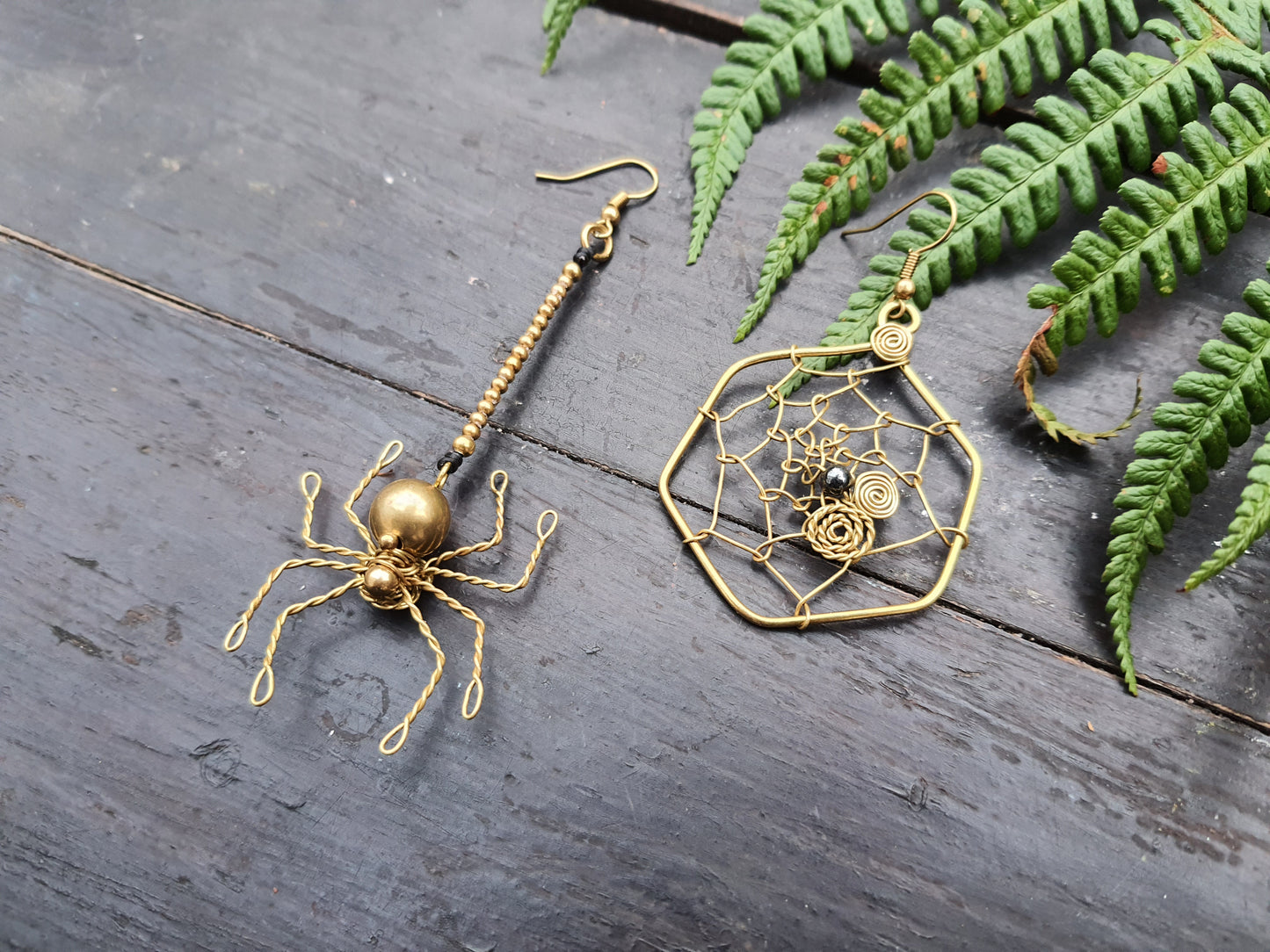 SPIDER & web HALLOWEEN EARRINGS, gold brass wire spooky costume earrings hematite crystal supernatural Autumn Fall earrings