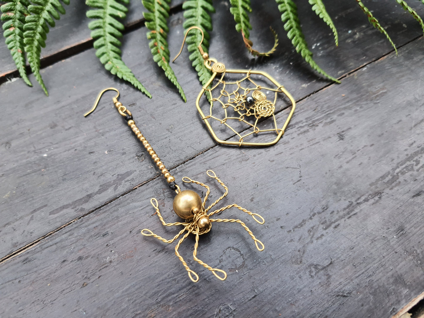 SPIDER & web HALLOWEEN EARRINGS, gold brass wire spooky costume earrings hematite crystal supernatural Autumn Fall earrings