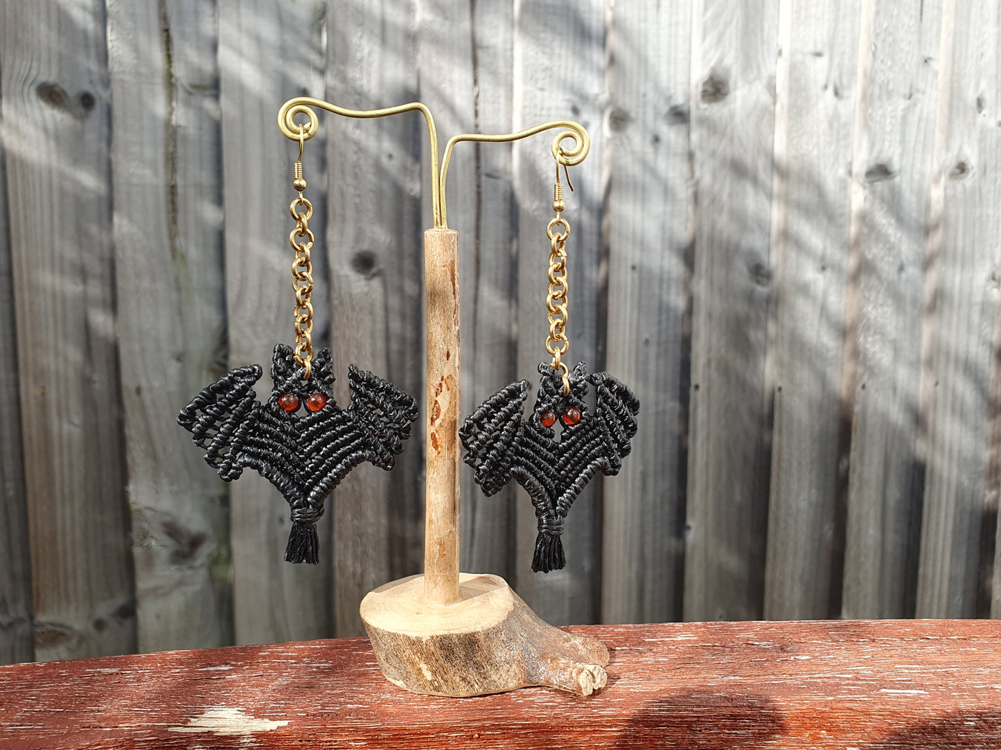 Macrame BAT crystal earrings, HALLOWEEN scary spooky gemstone celestial witchy boho mystical magic spiritual Autumn Fall costume gift