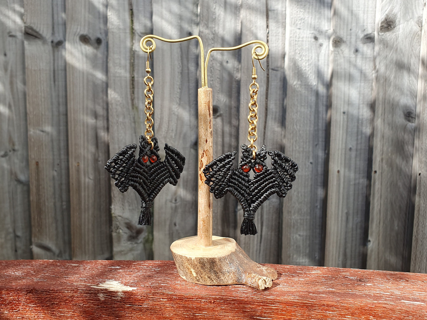 Macrame BAT crystal earrings, HALLOWEEN scary spooky gemstone celestial witchy boho mystical magic spiritual Autumn Fall costume gift