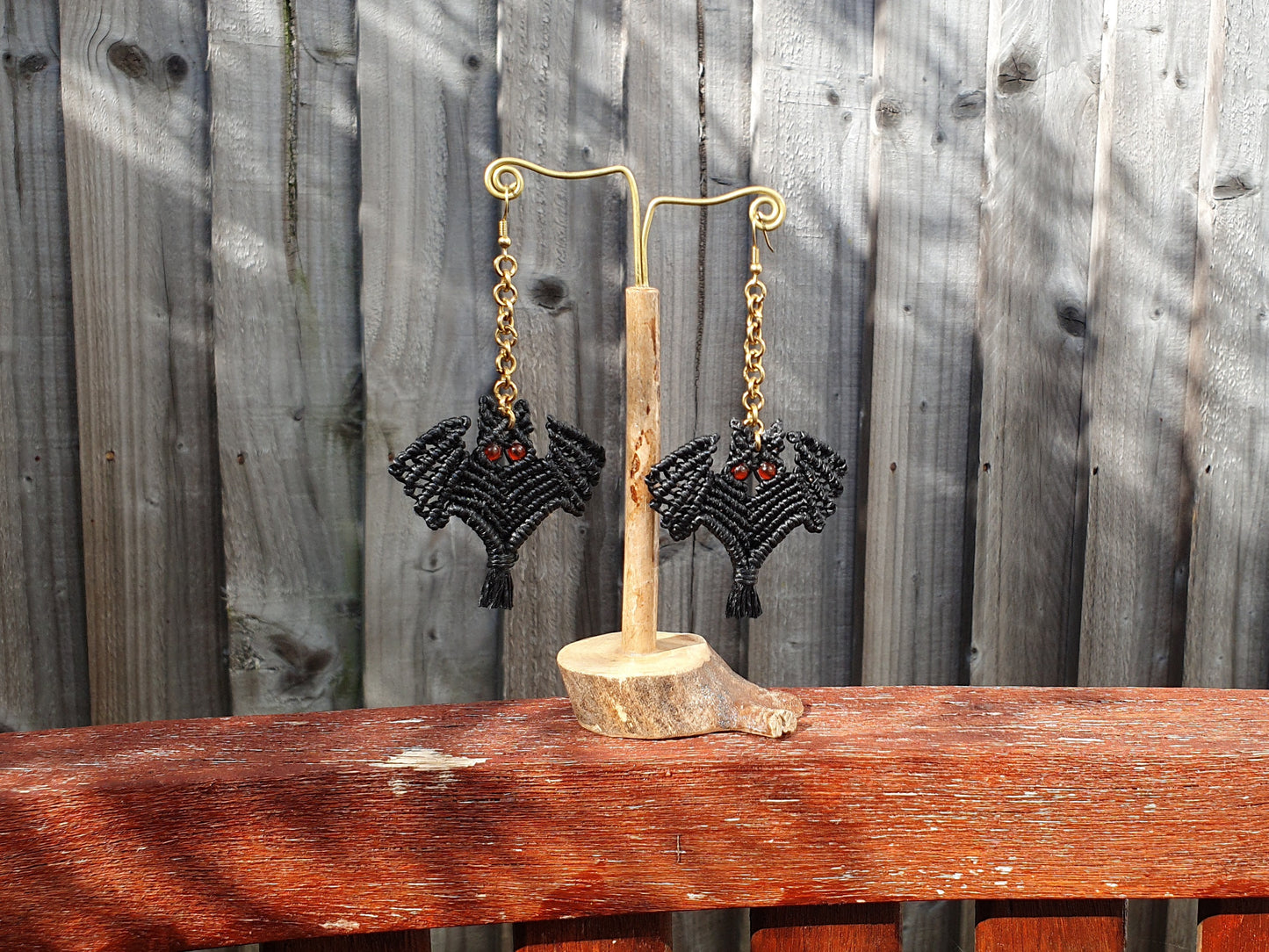 Macrame BAT crystal earrings, HALLOWEEN scary spooky gemstone celestial witchy boho mystical magic spiritual Autumn Fall costume gift