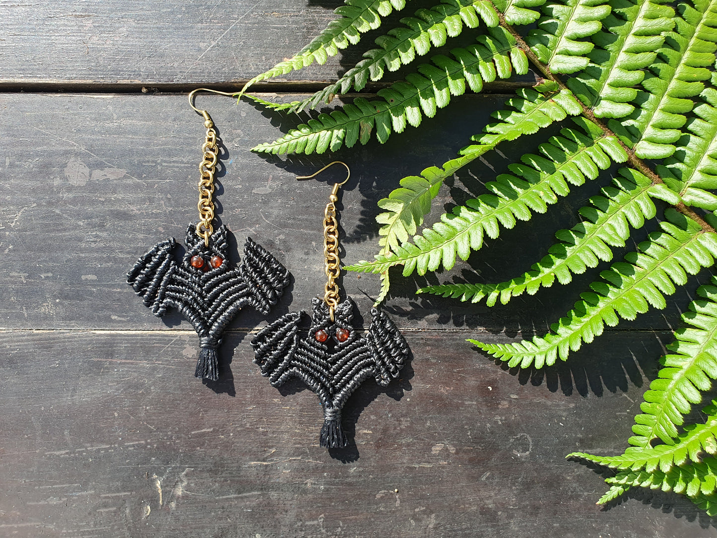 Macrame BAT crystal earrings, HALLOWEEN scary spooky gemstone celestial witchy boho mystical magic spiritual Autumn Fall costume gift