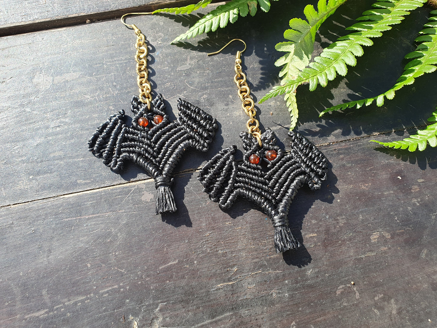 Macrame BAT crystal earrings, HALLOWEEN scary spooky gemstone celestial witchy boho mystical magic spiritual Autumn Fall costume gift