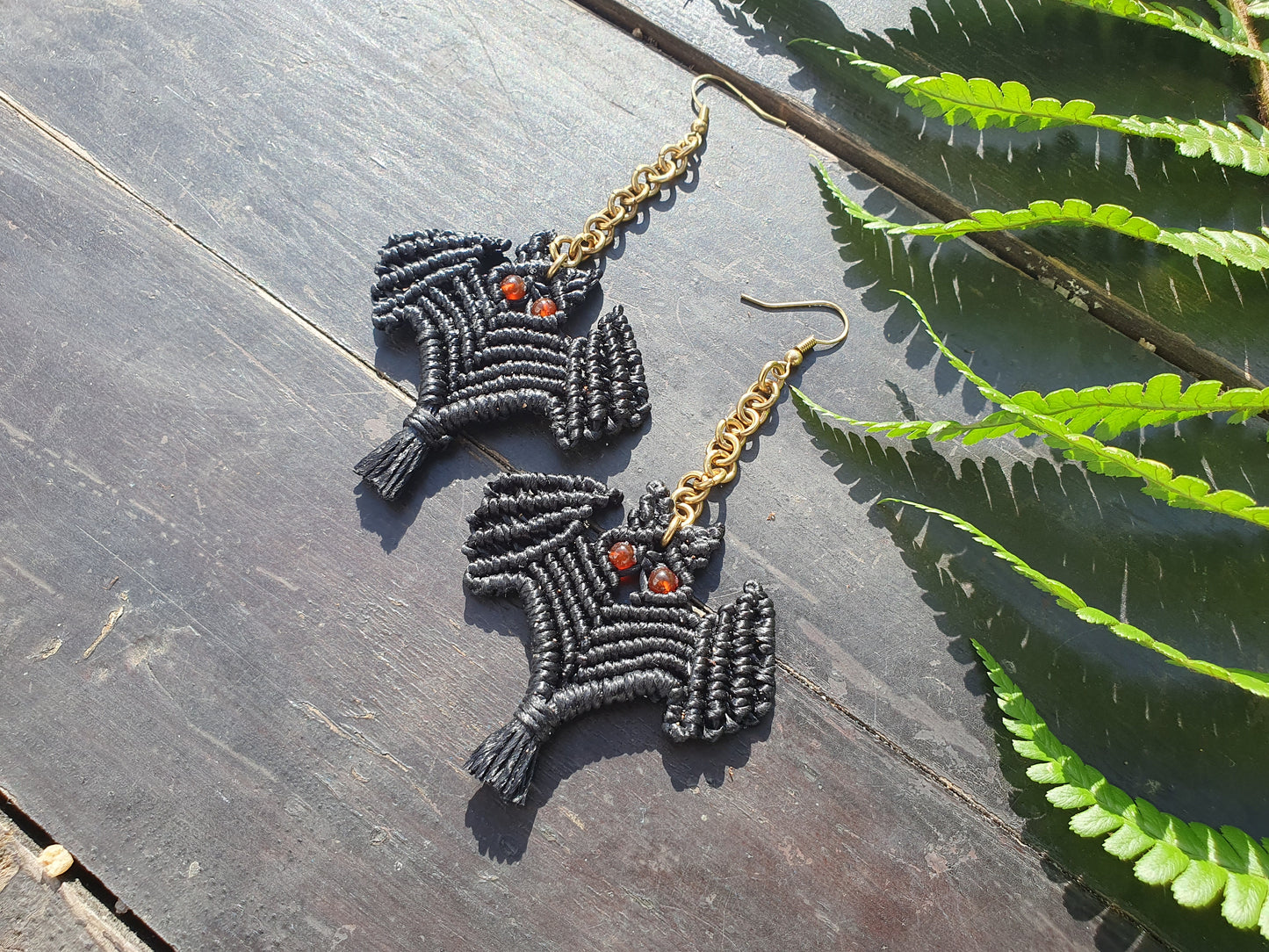 Macrame BAT crystal earrings, HALLOWEEN scary spooky gemstone celestial witchy boho mystical magic spiritual Autumn Fall costume gift