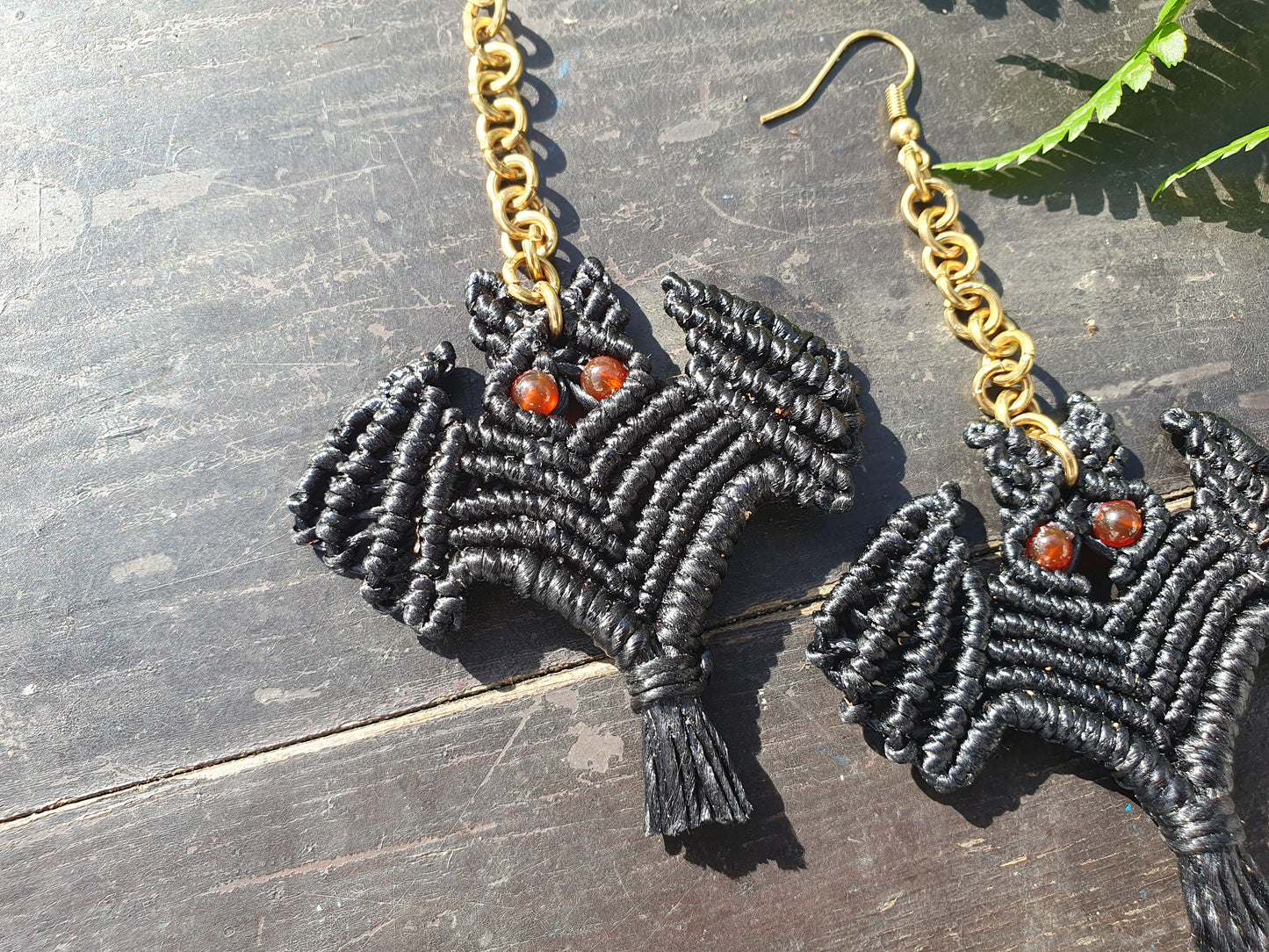 Macrame BAT crystal earrings, HALLOWEEN scary spooky gemstone celestial witchy boho mystical magic spiritual Autumn Fall costume gift