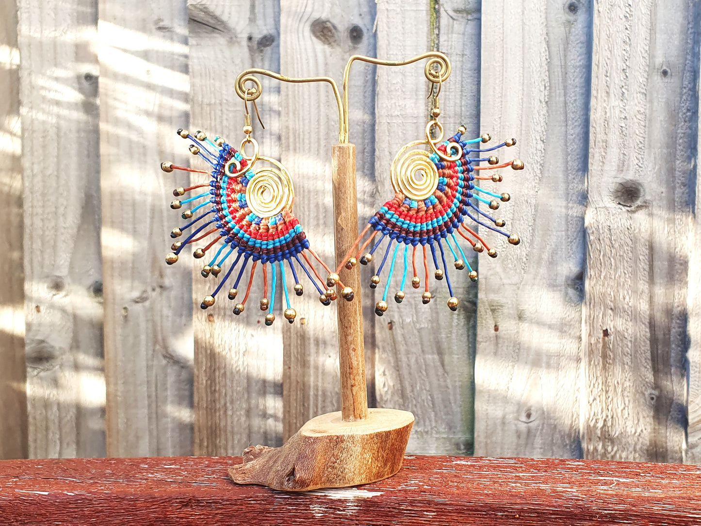 Macramé earrings, thai earrings,fan earrings,amazing gift,blue earrings,boho earrings,sunburst earrings,gold bead earrings,wire wrapped joy