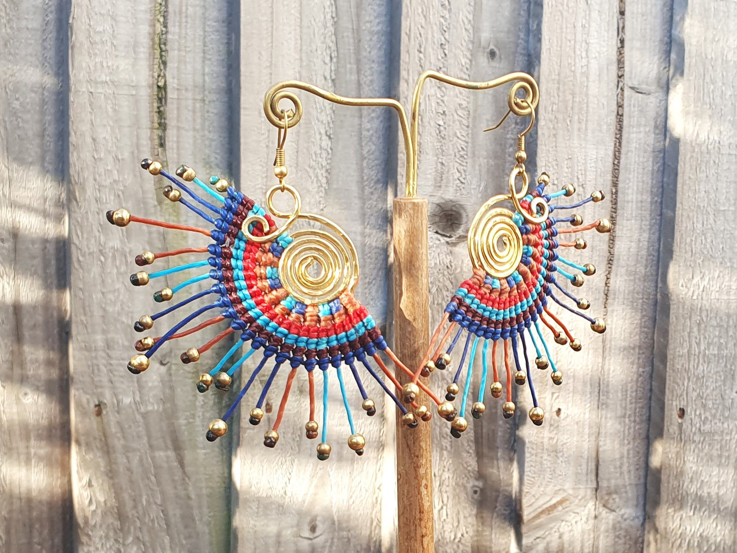 Macramé earrings, thai earrings,fan earrings,amazing gift,blue earrings,boho earrings,sunburst earrings,gold bead earrings,wire wrapped joy