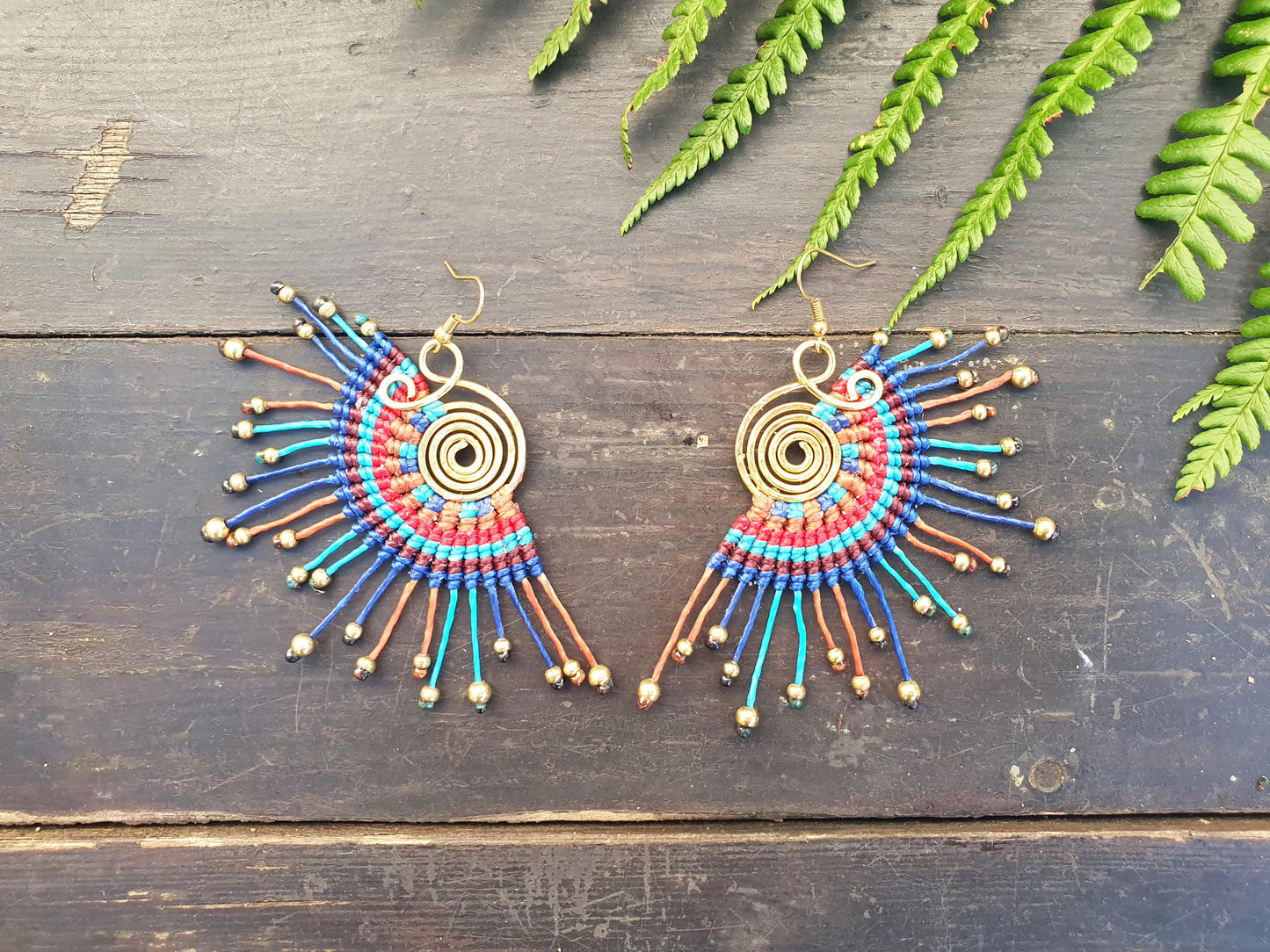 Macramé earrings, thai earrings,fan earrings,amazing gift,blue earrings,boho earrings,sunburst earrings,gold bead earrings,wire wrapped joy