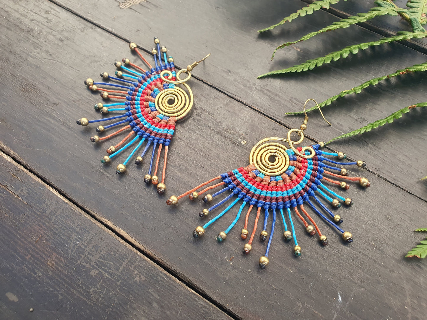 Macramé earrings, thai earrings,fan earrings,amazing gift,blue earrings,boho earrings,sunburst earrings,gold bead earrings,wire wrapped joy