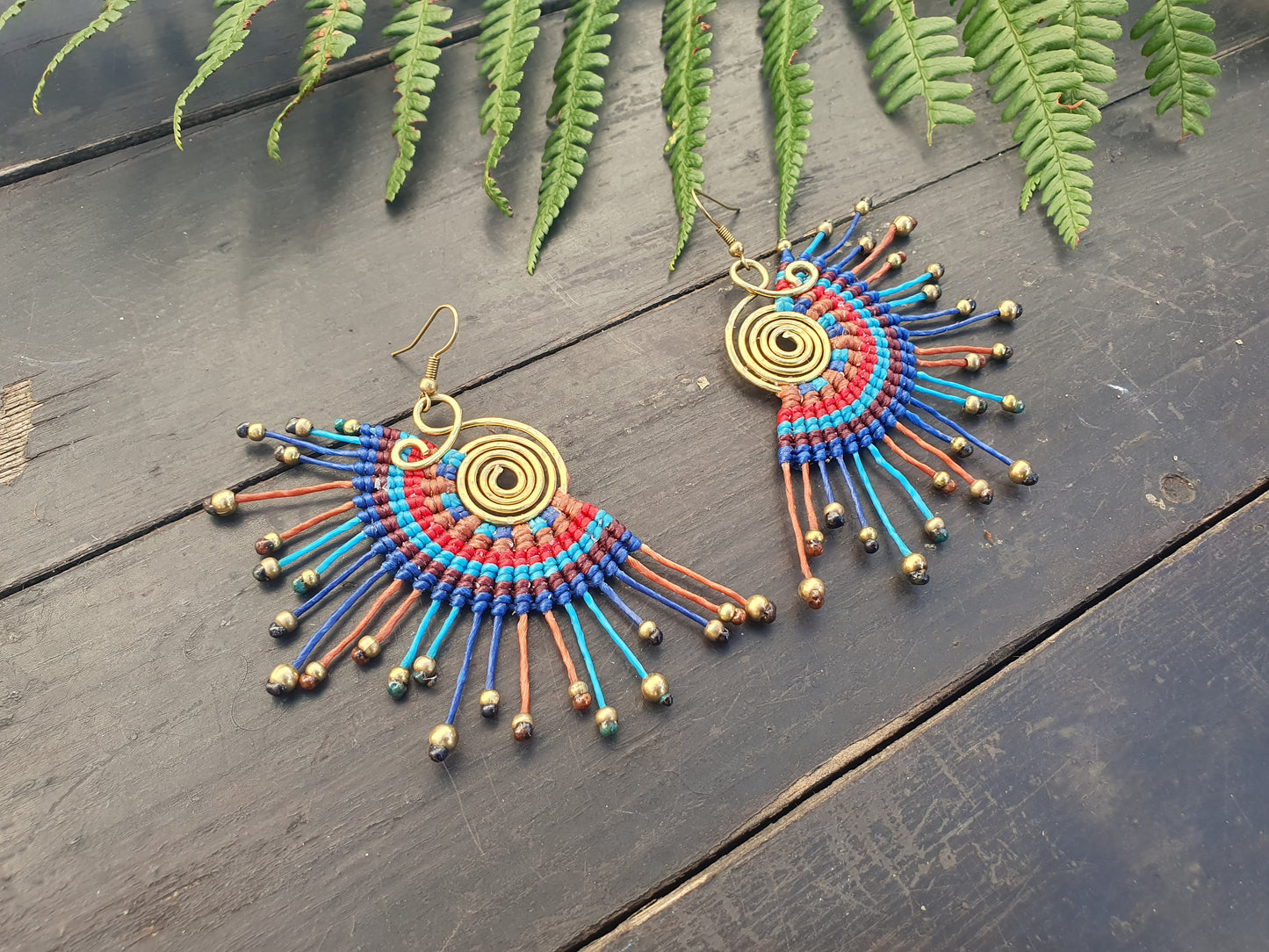 Macramé earrings, thai earrings,fan earrings,amazing gift,blue earrings,boho earrings,sunburst earrings,gold bead earrings,wire wrapped joy