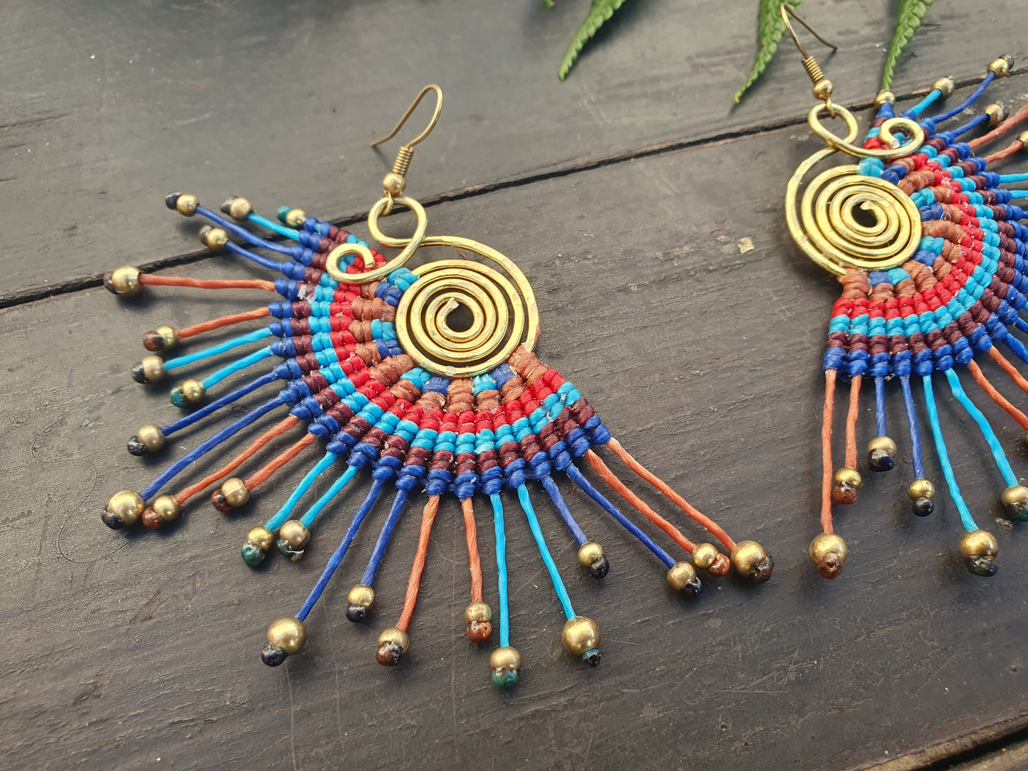 Macramé earrings, thai earrings,fan earrings,amazing gift,blue earrings,boho earrings,sunburst earrings,gold bead earrings,wire wrapped joy