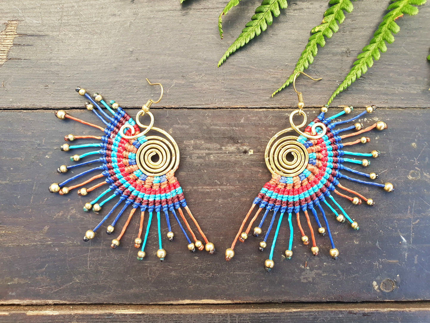 Macramé earrings, thai earrings,fan earrings,amazing gift,blue earrings,boho earrings,sunburst earrings,gold bead earrings,wire wrapped joy