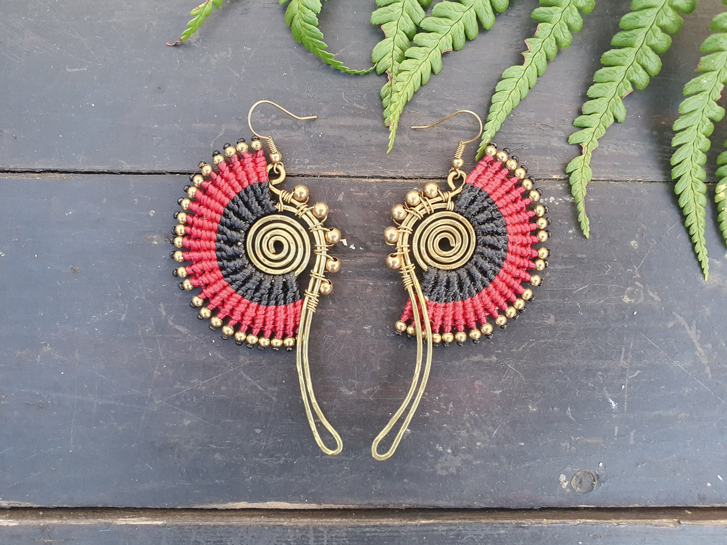 Red macrame earrings, gold spiral earrings, red boho earrings, wire art wrapped earrings, Thai ethnic earrings, Egyptian style earrings