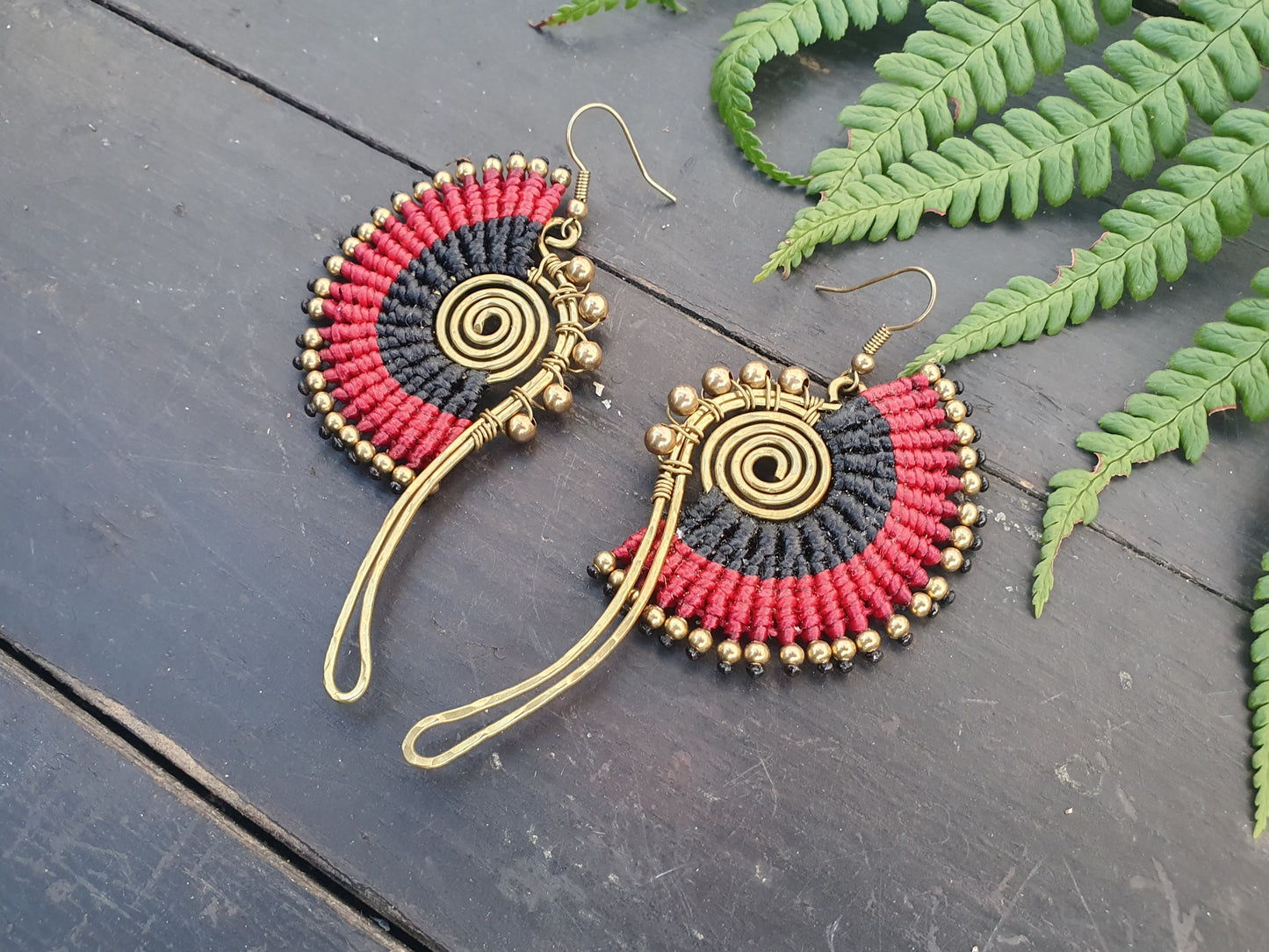 Red macrame earrings, gold spiral earrings, red boho earrings, wire art wrapped earrings, Thai ethnic earrings, Egyptian style earrings