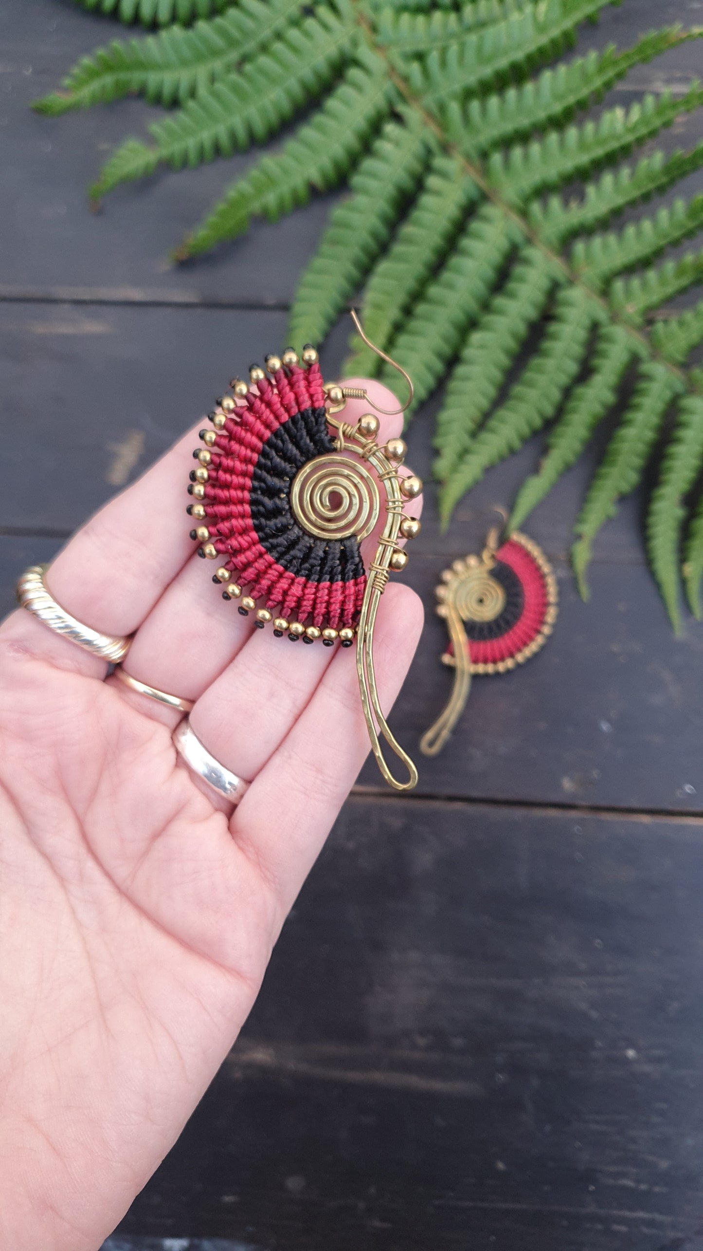 Red macrame earrings, gold spiral earrings, red boho earrings, wire art wrapped earrings, Thai ethnic earrings, Egyptian style earrings