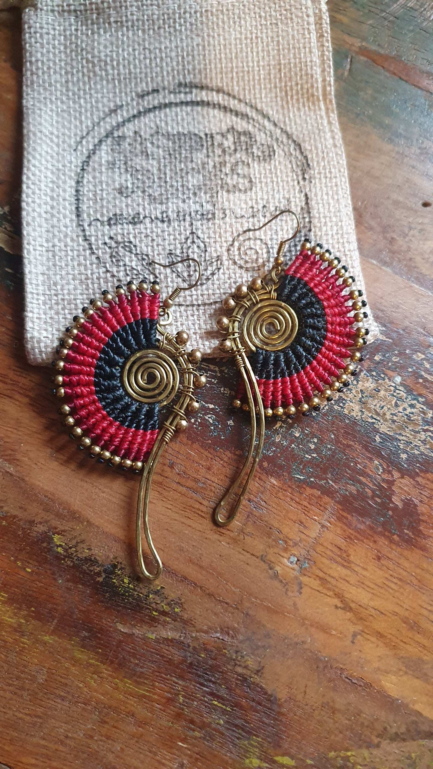 Red macrame earrings, gold spiral earrings, red boho earrings, wire art wrapped earrings, Thai ethnic earrings, Egyptian style earrings