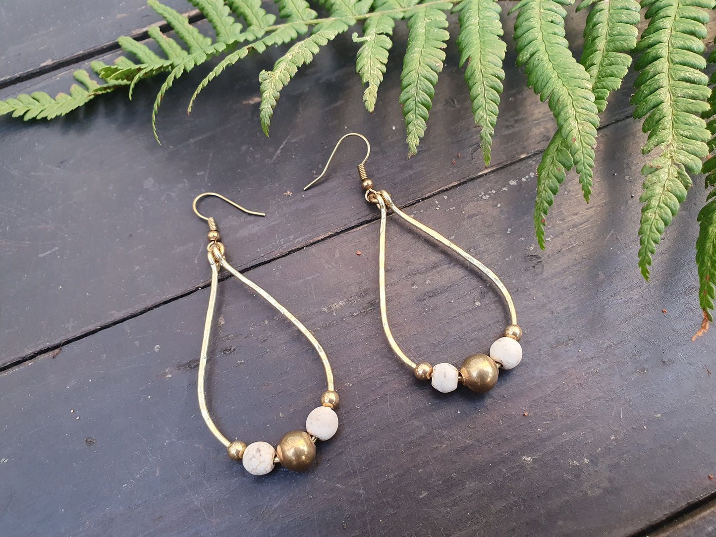 Wire earrings,raindrop earrings,dangle drop earrings,white howlite earrings,gold bead earrings,boho earrings,tribal earrings,gold earrings