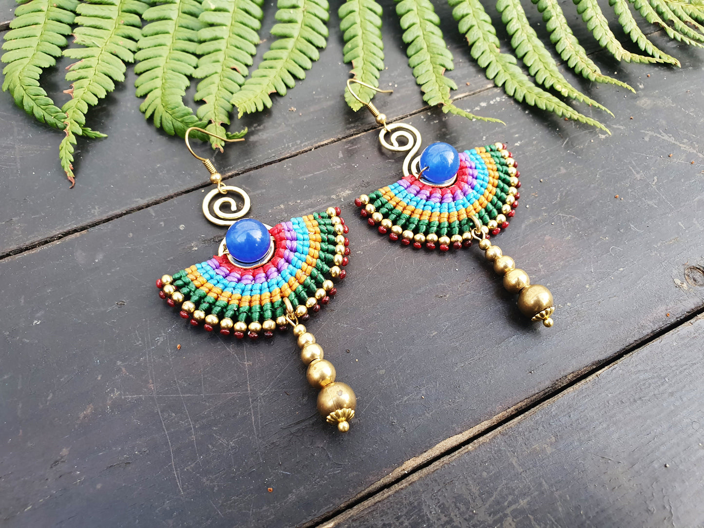 Egyptian earrings,blue agate earrings,blue agate stone,fan earrings,macramé earrings,blue earrings,boho earrings,tribal wild earrings,thai