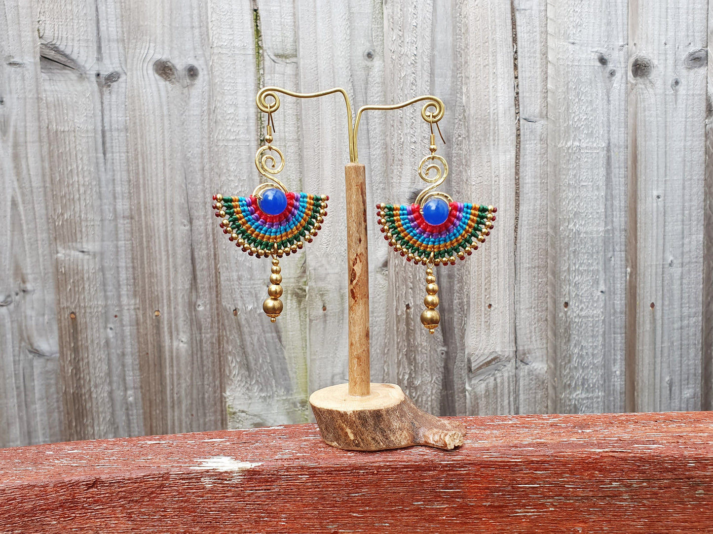 Egyptian earrings,blue agate earrings,blue agate stone,fan earrings,macramé earrings,blue earrings,boho earrings,tribal wild earrings,thai