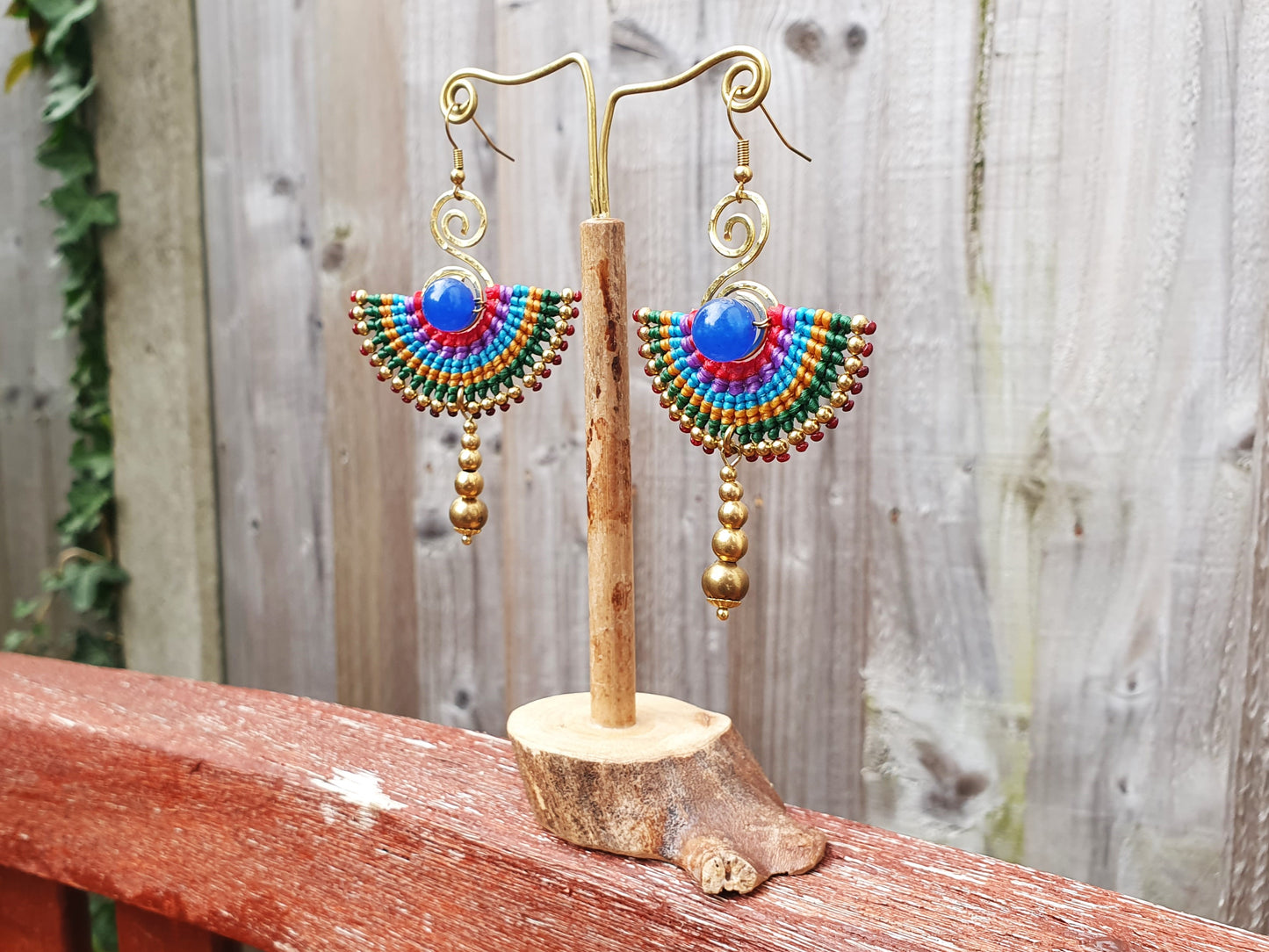 Egyptian earrings,blue agate earrings,blue agate stone,fan earrings,macramé earrings,blue earrings,boho earrings,tribal wild earrings,thai