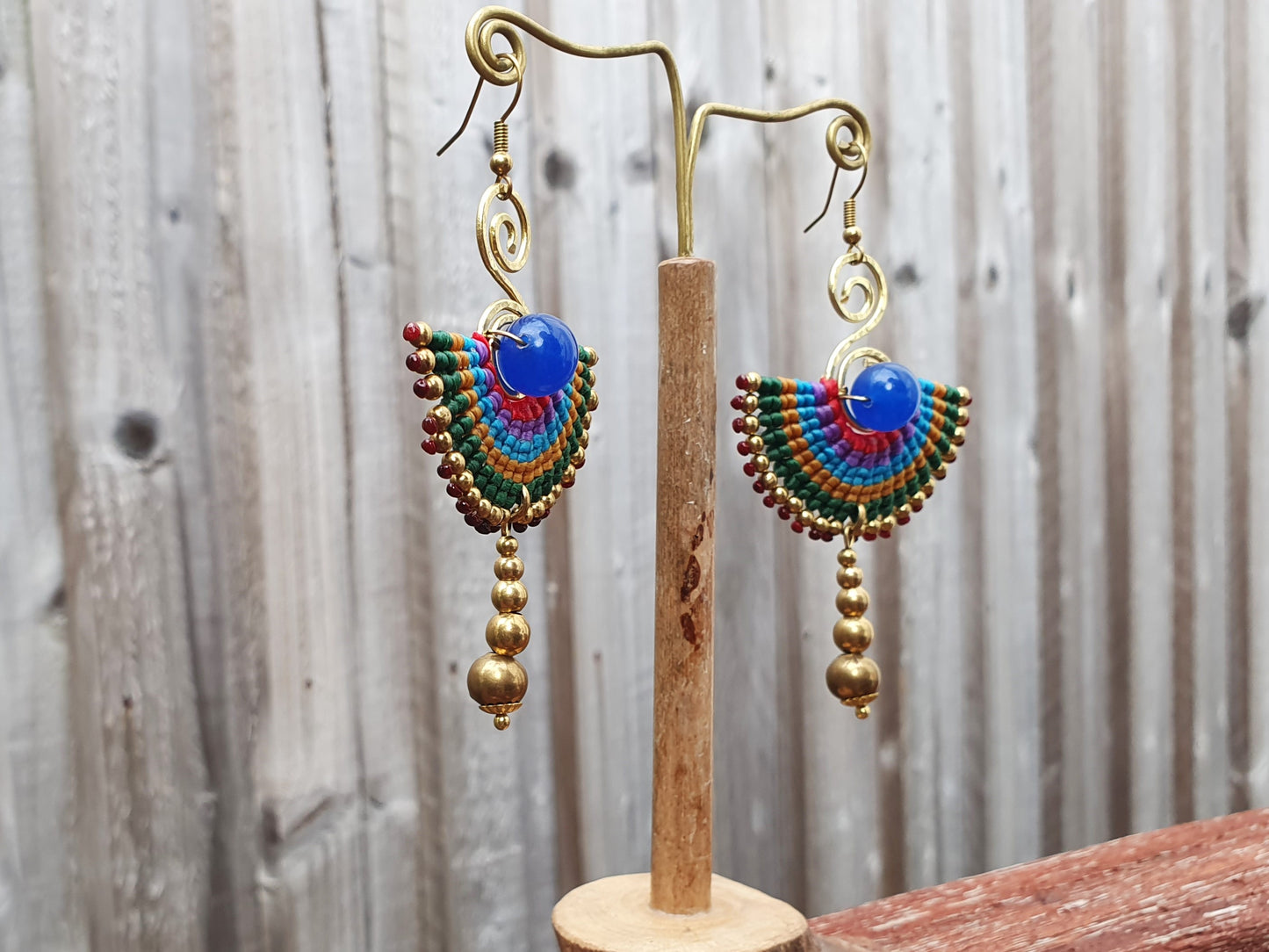 Egyptian earrings,blue agate earrings,blue agate stone,fan earrings,macramé earrings,blue earrings,boho earrings,tribal wild earrings,thai