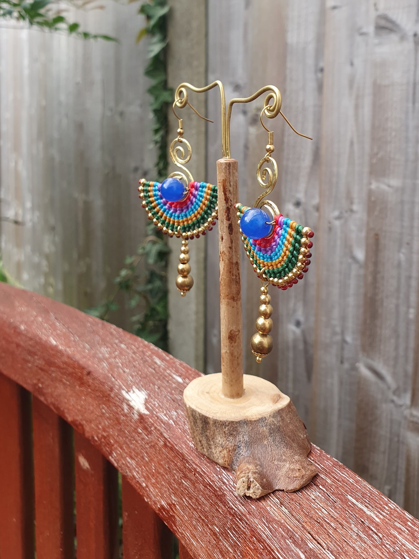 Egyptian earrings,blue agate earrings,blue agate stone,fan earrings,macramé earrings,blue earrings,boho earrings,tribal wild earrings,thai