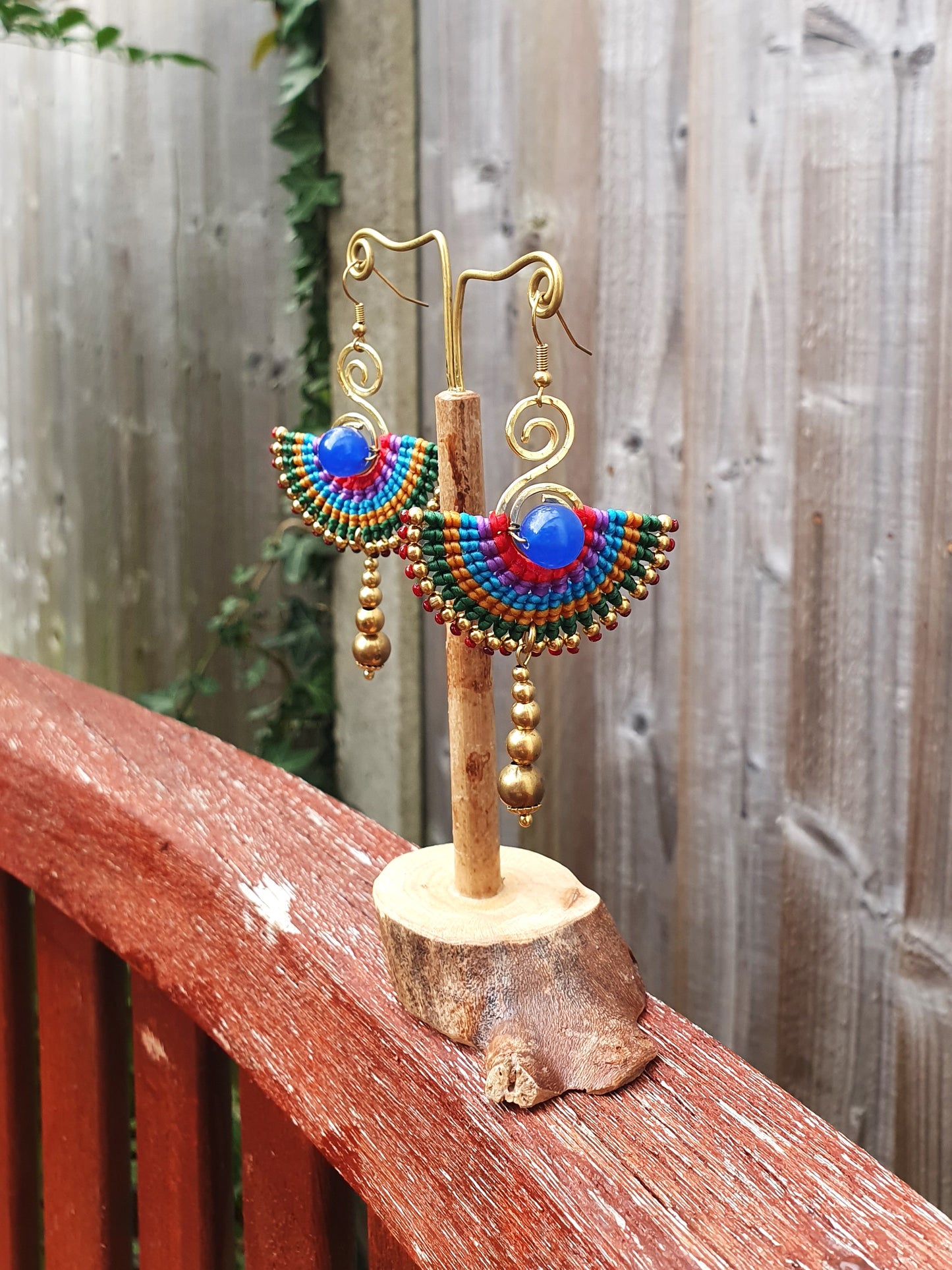 Egyptian earrings,blue agate earrings,blue agate stone,fan earrings,macramé earrings,blue earrings,boho earrings,tribal wild earrings,thai