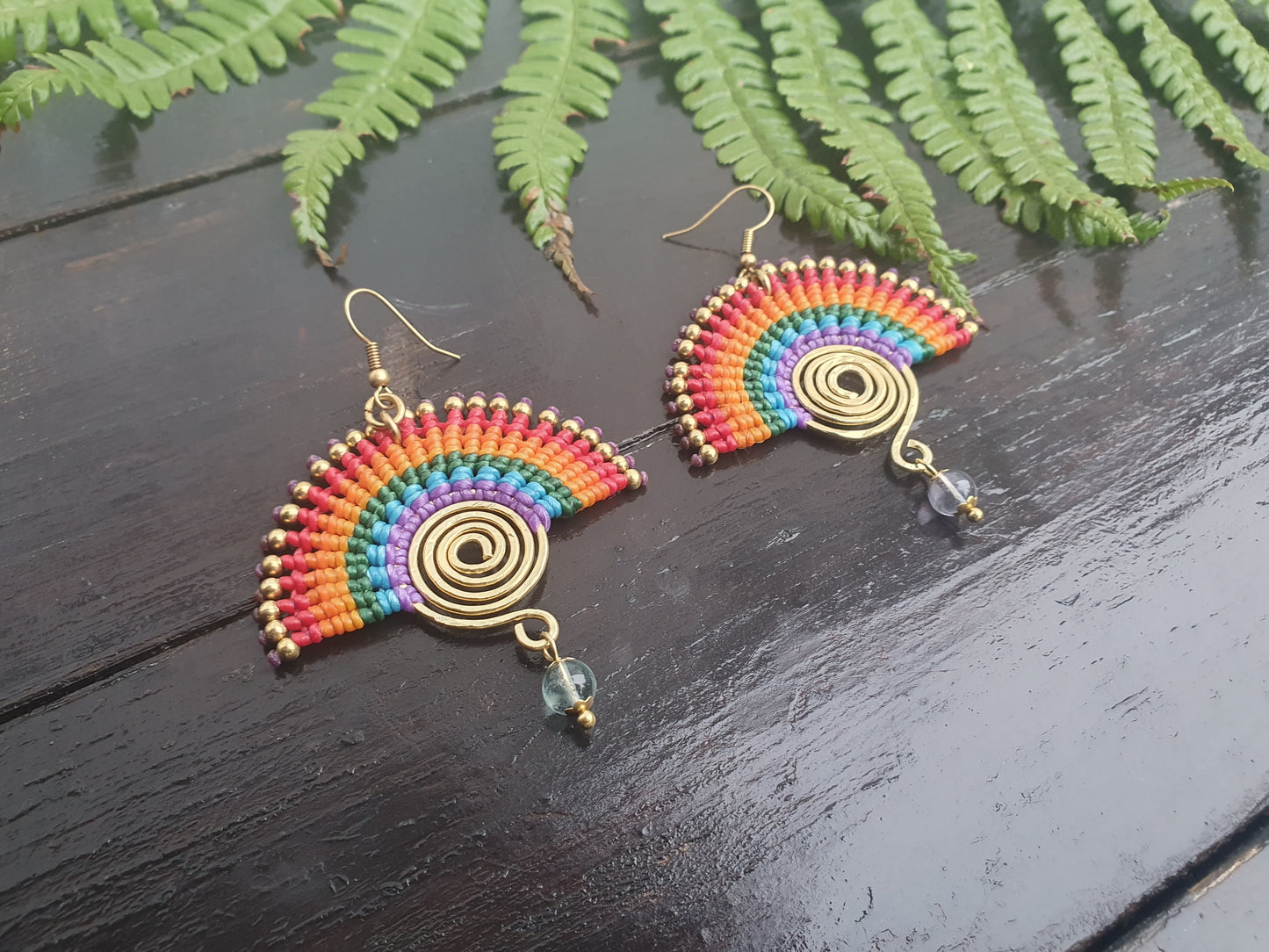 Rainbow earrings, PRIDE earrings, fluorite crystal earrings, THAI boho earrings, manifestation crystal, positivity crystal, brass spirals